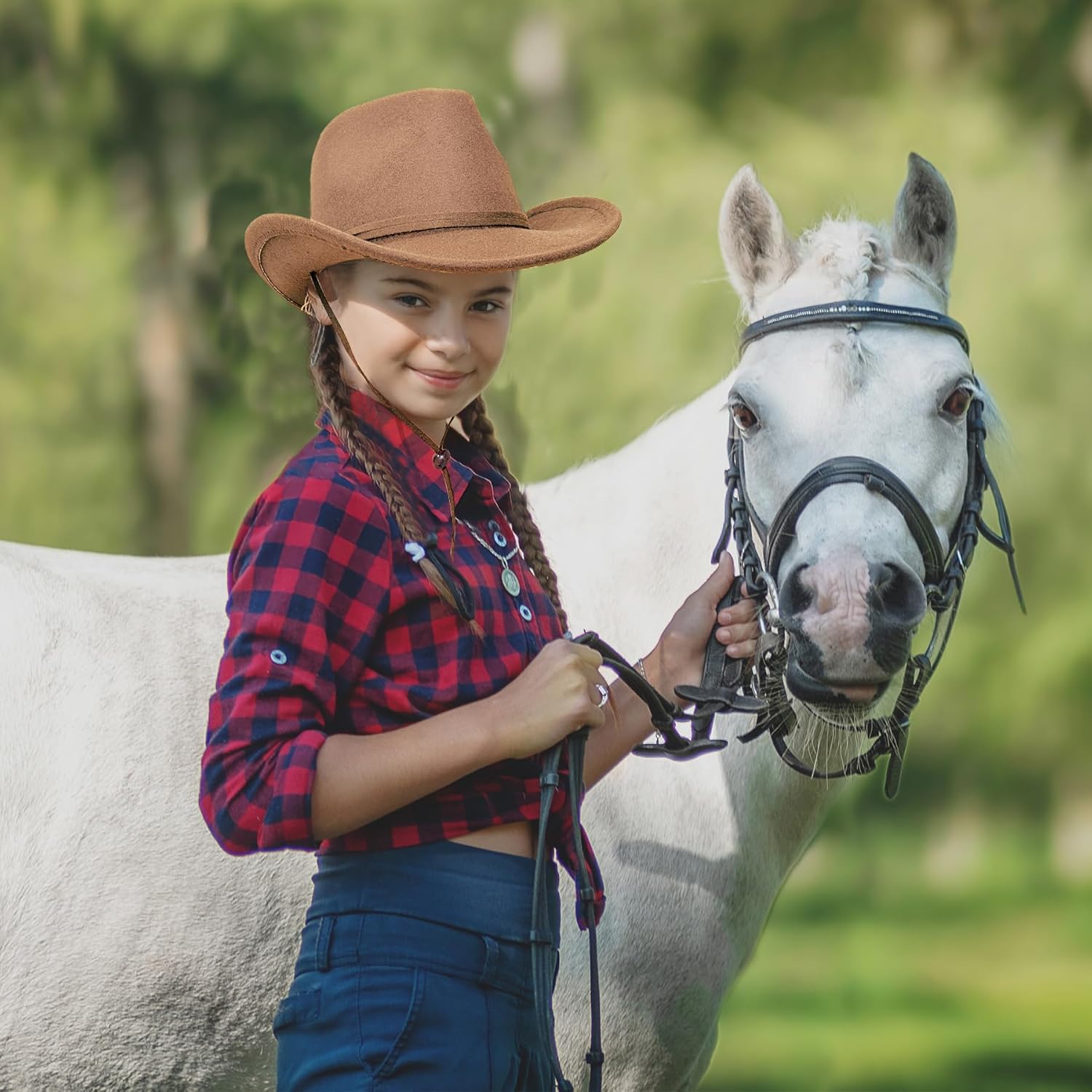 Jastore Kids Girls Boys Wide Brim Western Cowboy Cowgirl Hat with Wind Lanyard Felt Fedora Hat - Image 6