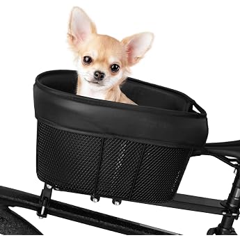 Dog Bike Basket Mountain Bike Shopping Basket Portable Cat and Dog Carrier for Front Crossbar of Bike with Sponge Lining Seat Belt Black