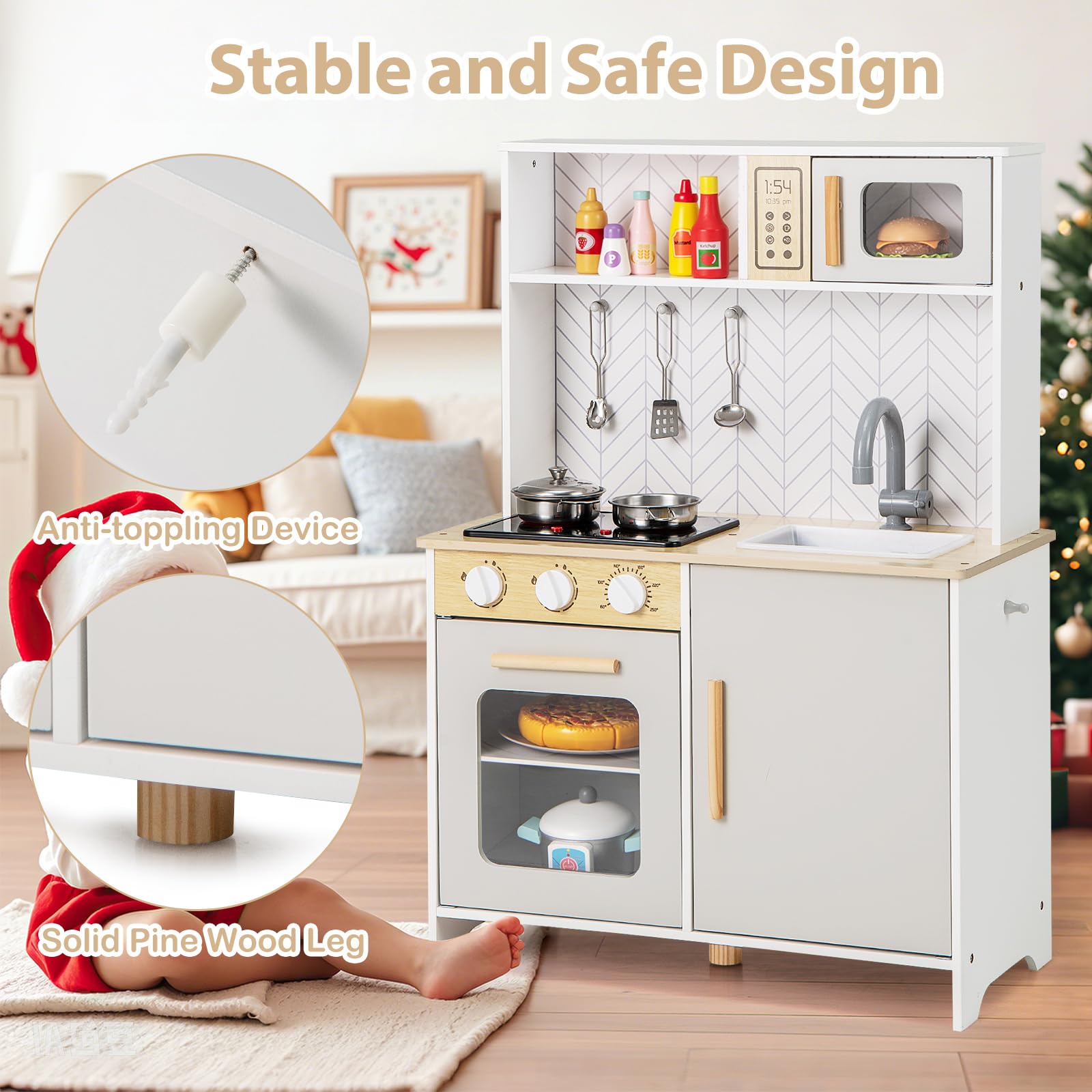 HOMASIS Cucina Giocattolo per Bambini con Luci e Suoni, Cucina Realistica in Legno con 3 Utensili, Rubinetto, Fornello, Microonde e Forno per Bambini da 3+ Anni (Bianco)