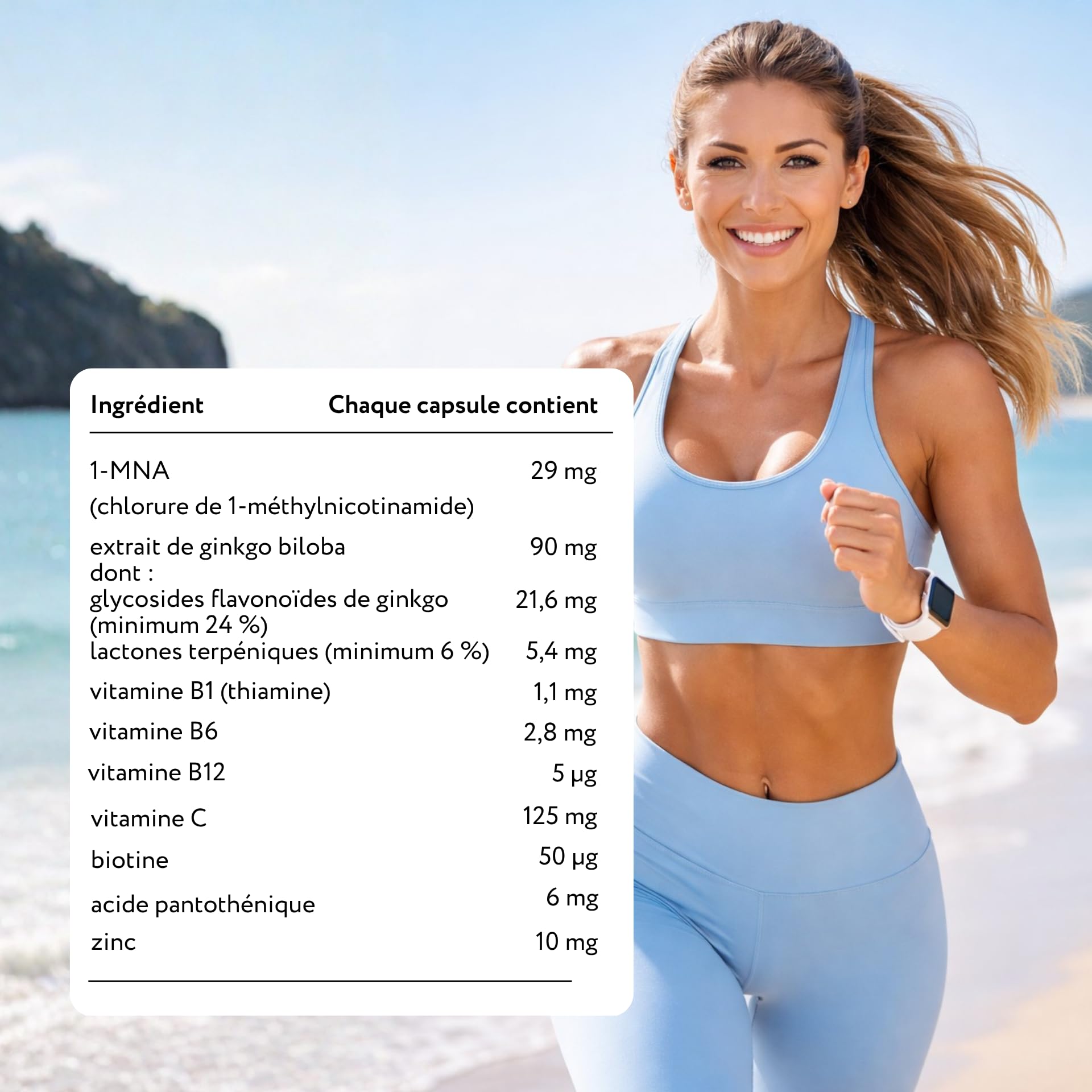 1-MNA Brain, Supplément Anti-âge, Optimise le NAD+, avec Ginkgo Biloba, Zinc, Biotine, Vitamines C, B1, B5, B6, B12, L'humeur, Mémoire, Concentration, 30 Capsules