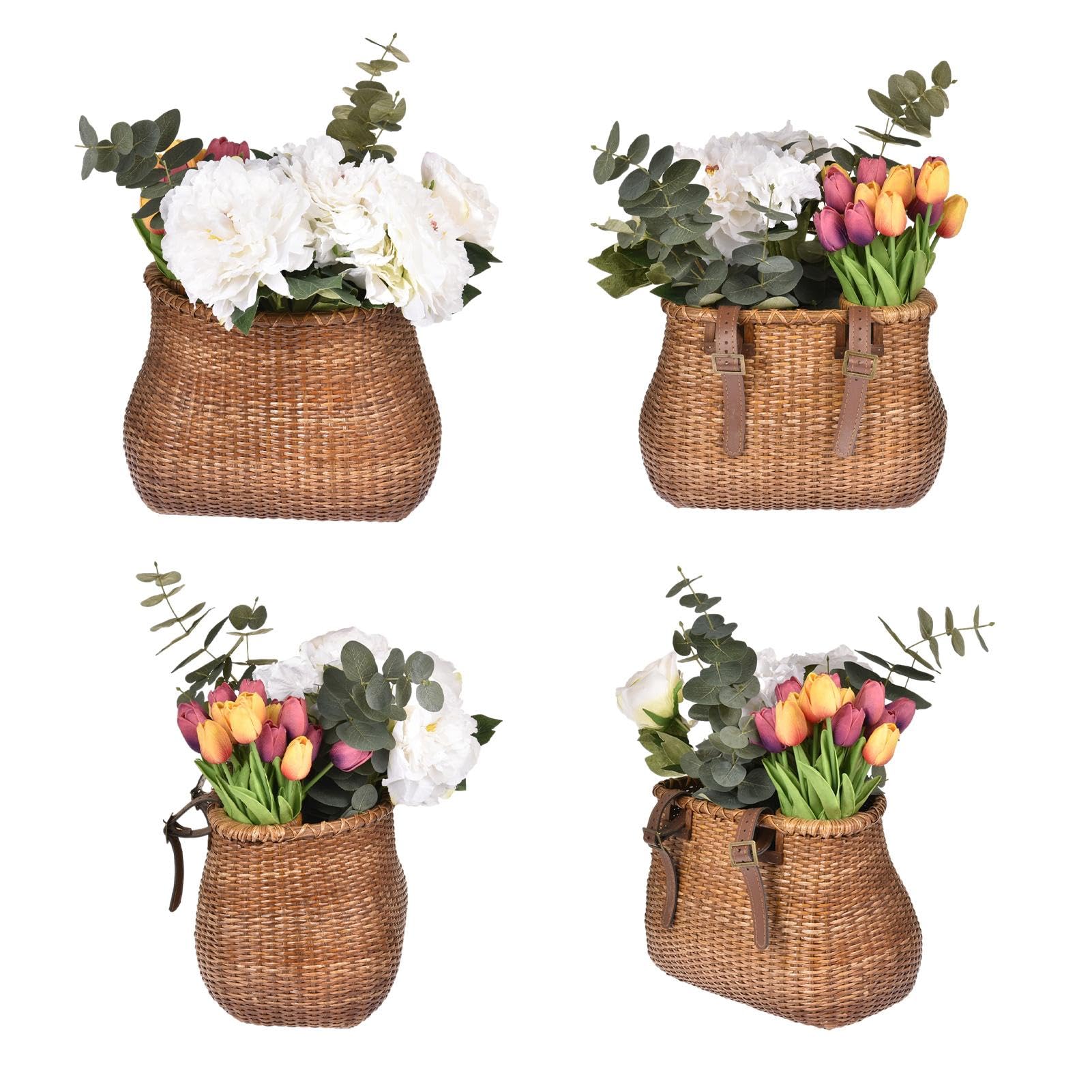 Cesto anteriore per bicicletta, cesto portaoggetti tessuto a mano | 28 x 19 x 24 cm / 11,02 x 7,48 x 9,45 pollici Cinghie in pelle regolabili per campeggio all'aperto