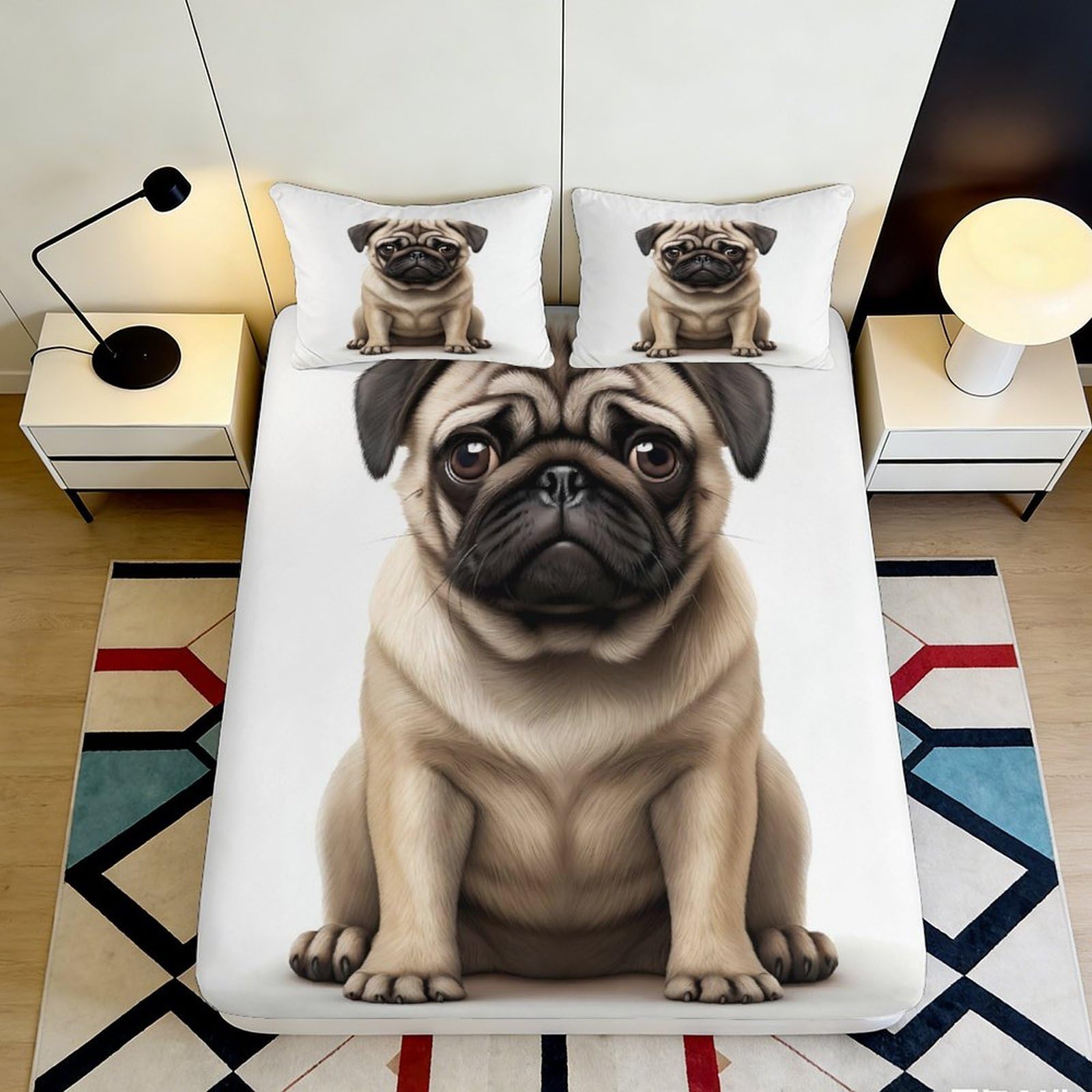 3D Printed Pug Dog Fitted Sheet Microfiber Soft Breathable Cartoon Puppy Bed Cover for Bedroom Dorm Mattress Protection Decor 140x200x25cm