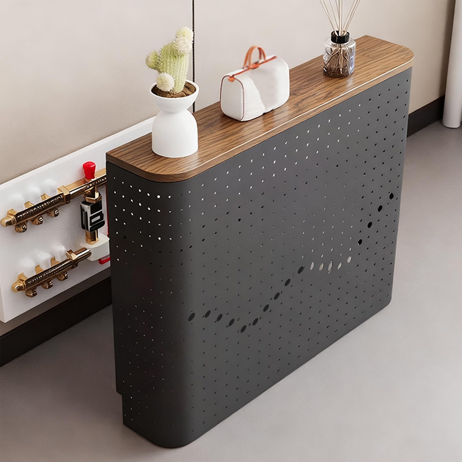 WXXZCE Osłona Kaloryfera, Osłony Kaloryferów do Starych Kaloryferów, Dekoracyjny Stojak Przechowywania, Metalowa Rama i Blat z Litego Drewna, do Domu(Black,100x80x20cm/39x31x8in)