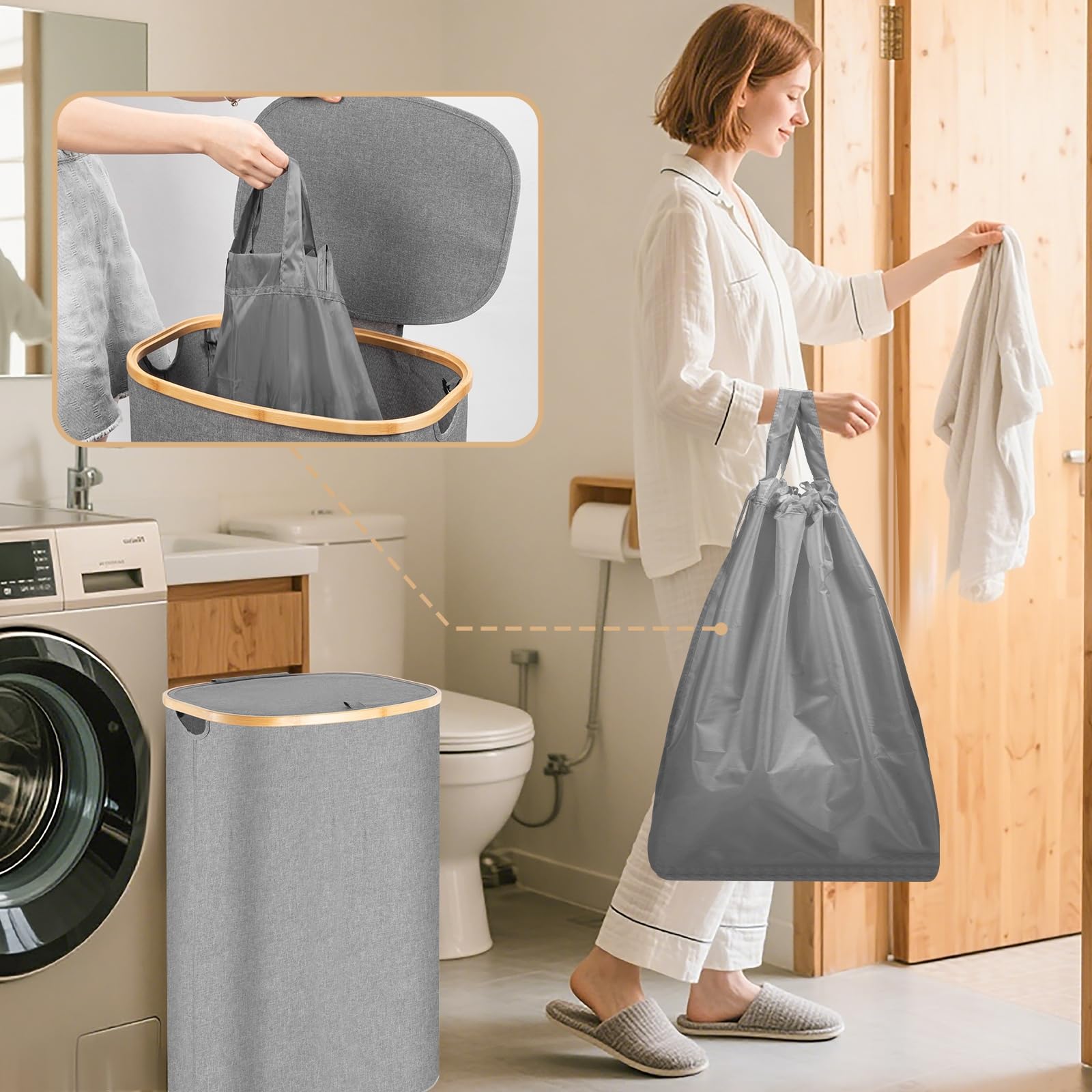 Cesto Portabiancheria Pieghevole XXL Da 100L - Con Coperchio E Manici In Bambù, Salvaspazio, Grigio - Foto 9
