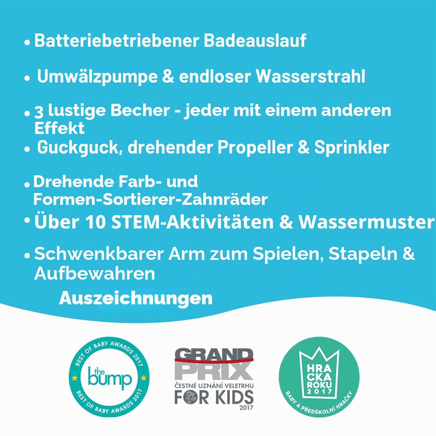 Yookidoo Bay Bath Badespielzeug (1–3 J.) – 3 stapelbare Becher, drehende Zahnräder, Schlauch & Auslauf, schimmelfrei, Saugnäpfe für Badewanne/Dusche – Spin N Sort