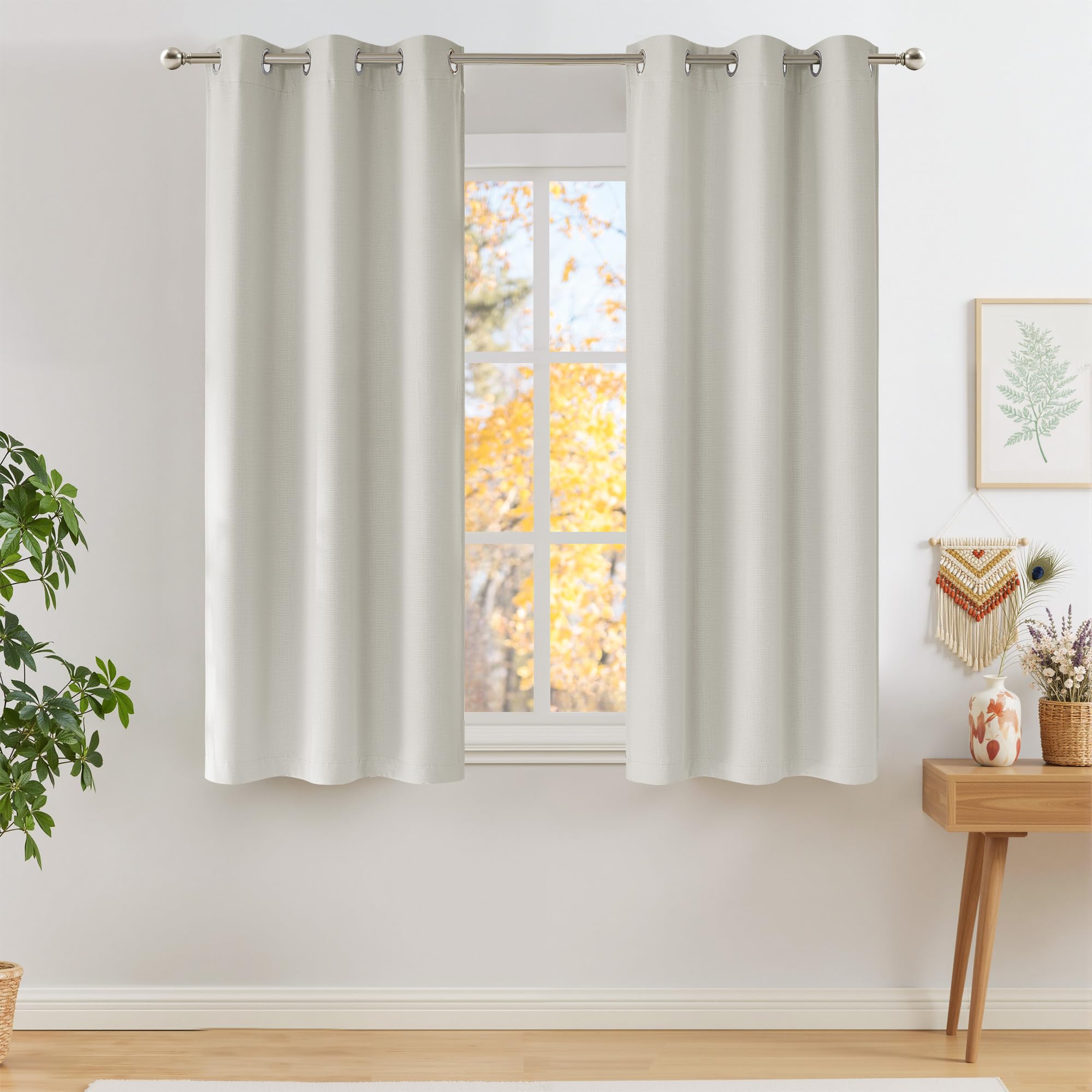 NICETOWN Short Faux Linen Natural Blackout Curtains 63 inches Long for Kitchen - Privacy Panels for Living Room Bedroom, Modern Farmhouse Style Easy Care Grommet Top, 2 Panels, W42 by L63