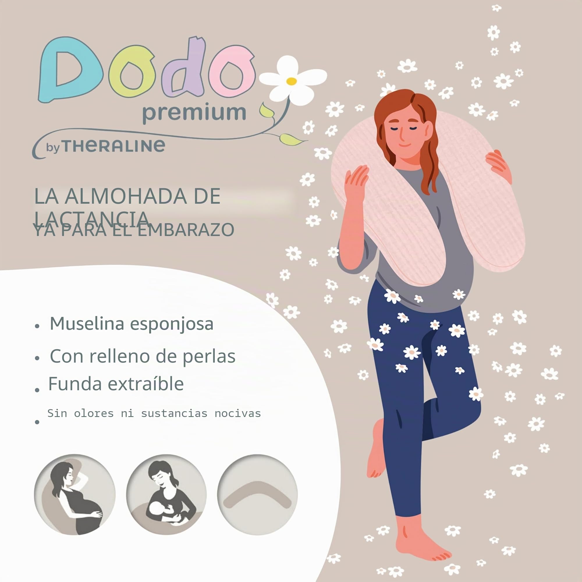 Theraline Almohada Embarazada XXL Dodo Pillow by Cojin Lactancia Bebé con Funda de Muselina de Algodón 180 cm - Relleno de Perlas EPS - Sin Sustancias Nocivas - Lavable a Máquina - Beige