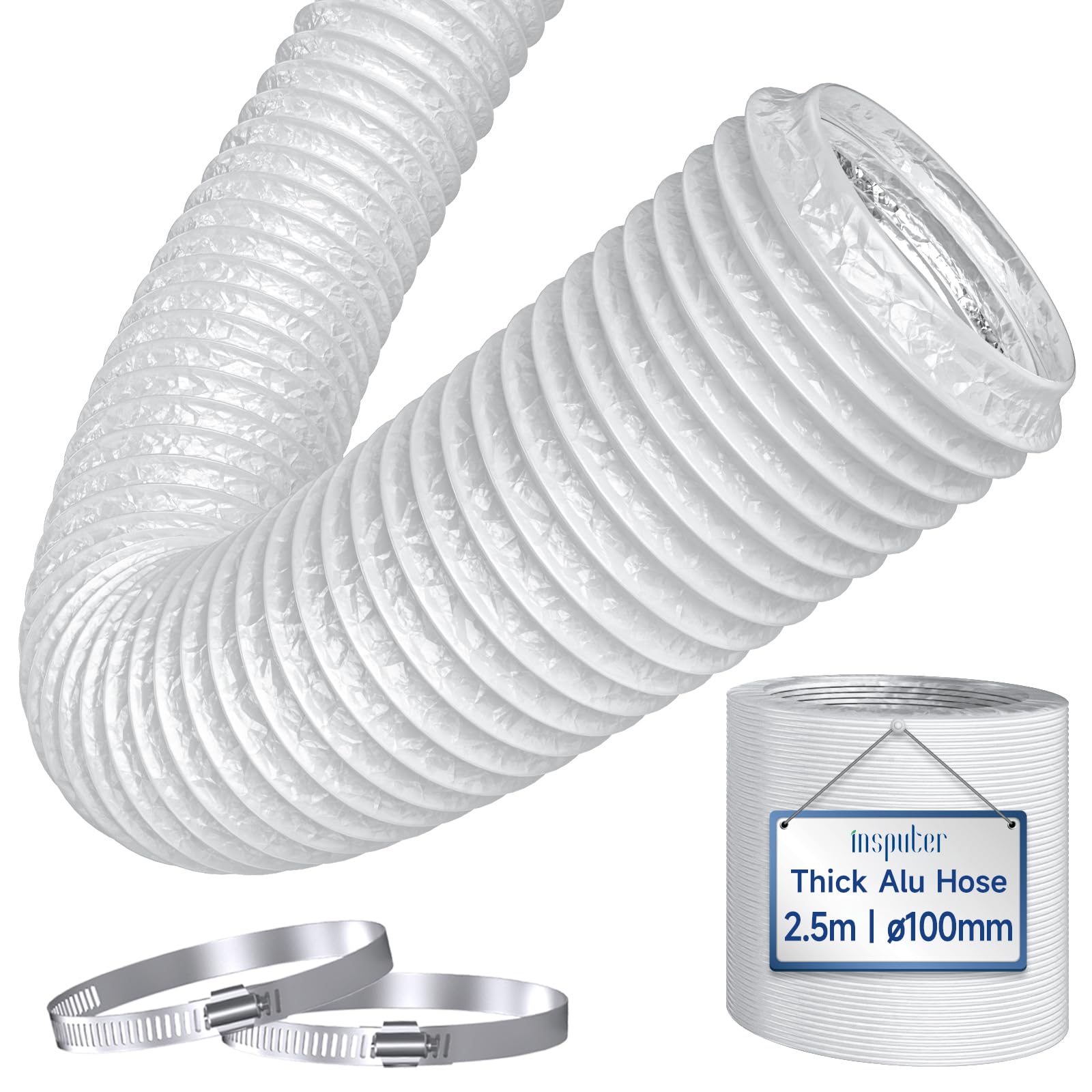 Insputer 100 mm Ducting Thickened Alu Metal Vent Hose 2.5 m Long, 4 Inch Flexible Ducting with 2 Duct Clamps, Heavy-Duty Alu Hose for Cooker Hood, Tumble Dryer, Duct Fan, Extractor Fan