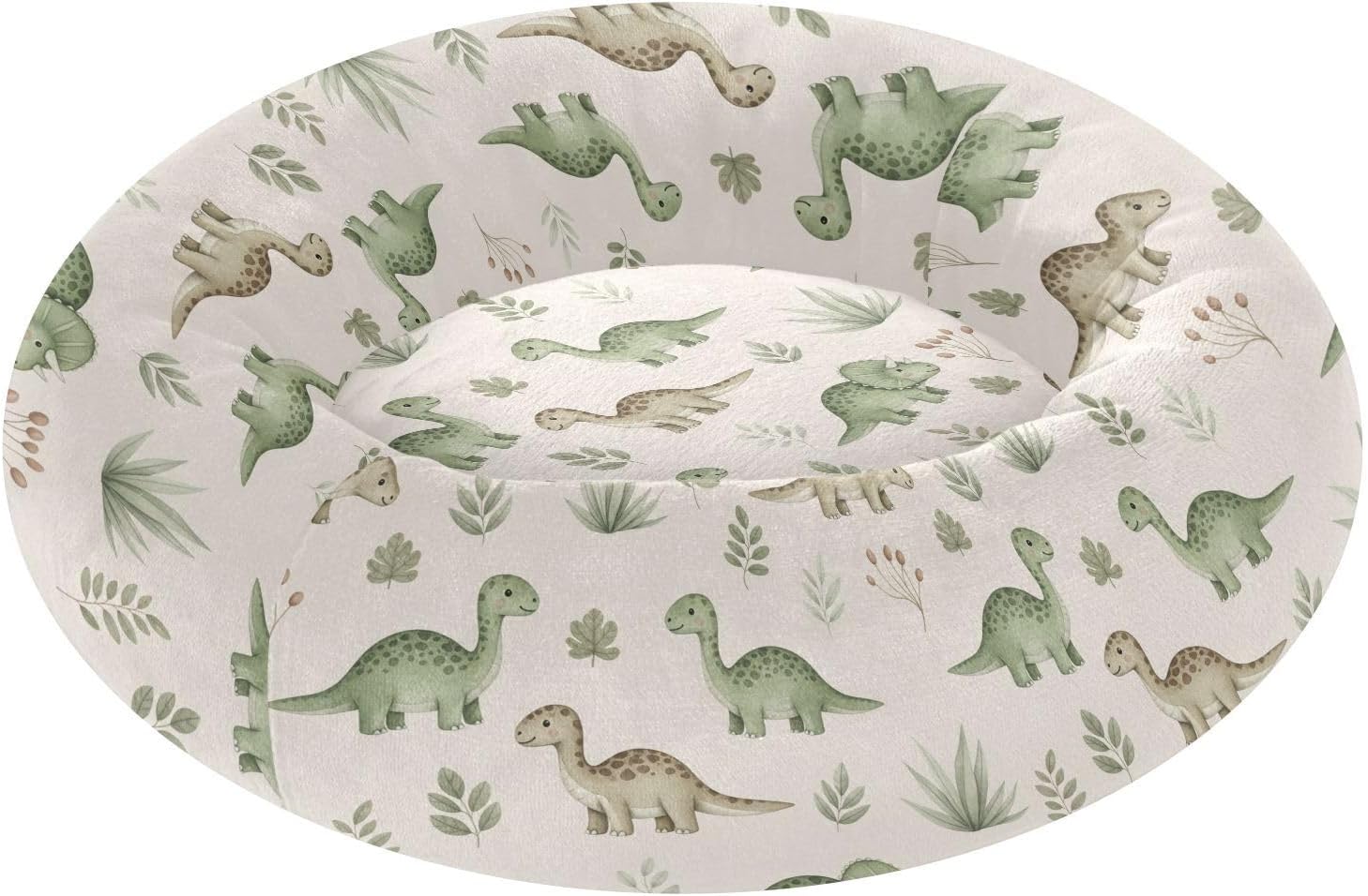 Dinosaurs Leaves Beige Pattern Dog Bed Round Small Medium Dog Beds Pet Cat Bed Washable Puppy Kitten Beds for Pets Supplies with Washable Cover,M