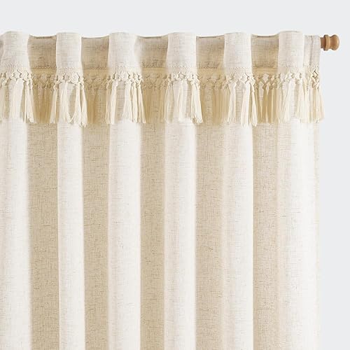 jinchan Cortinas de lino con borlas, cortinas para sala de estar de 84 pulgadas de largo, cortinas bohemias, bolsillo para barra, pestañas traseras,