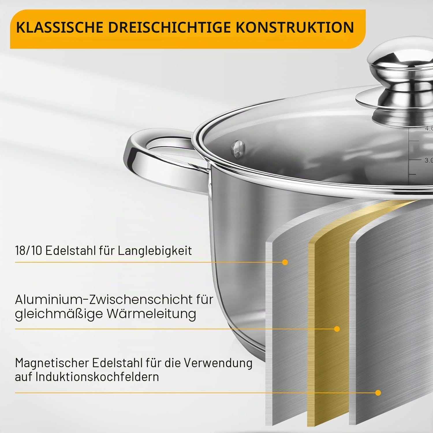 Velaze Töpfe Set, 7-teilig Kochtopf Set aus Edelstahl, Topf Induktion mit Glasdeckeln, PFOA frei, Klassisches Design, Topfset für alle Herdarten, Töpfe mit 3 Kochtöpfe und 1 Stielkasserolle