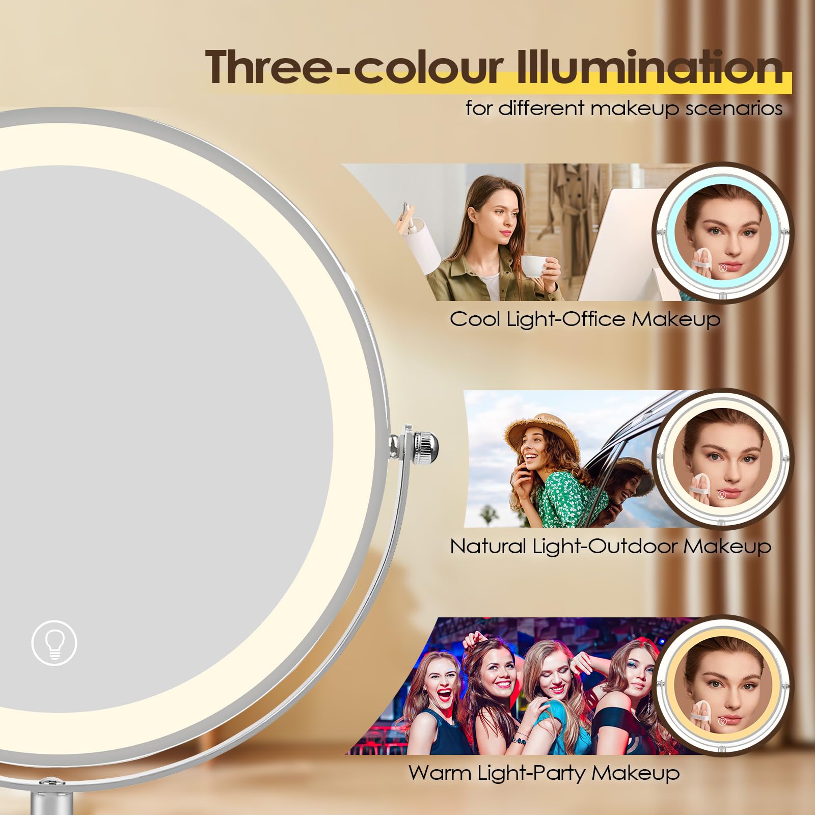 Cuteefun Specchio Trucco con Luci, Specchio Ingranditore 10X Su Supporto, Altezza e Luminosità Regolabili, Rotazione a 360°, Specchio per Il Trucco Bifacciale Ricaricabile per Tavolo da Toeletta