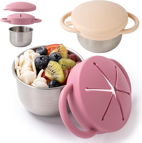 Miniatura 12 de Paquete de 2 recipientes de aperitivos para niños pequeños, vasos de aperitivos de acero inoxidable con atrapador de alimentos y tapas de silicona,
