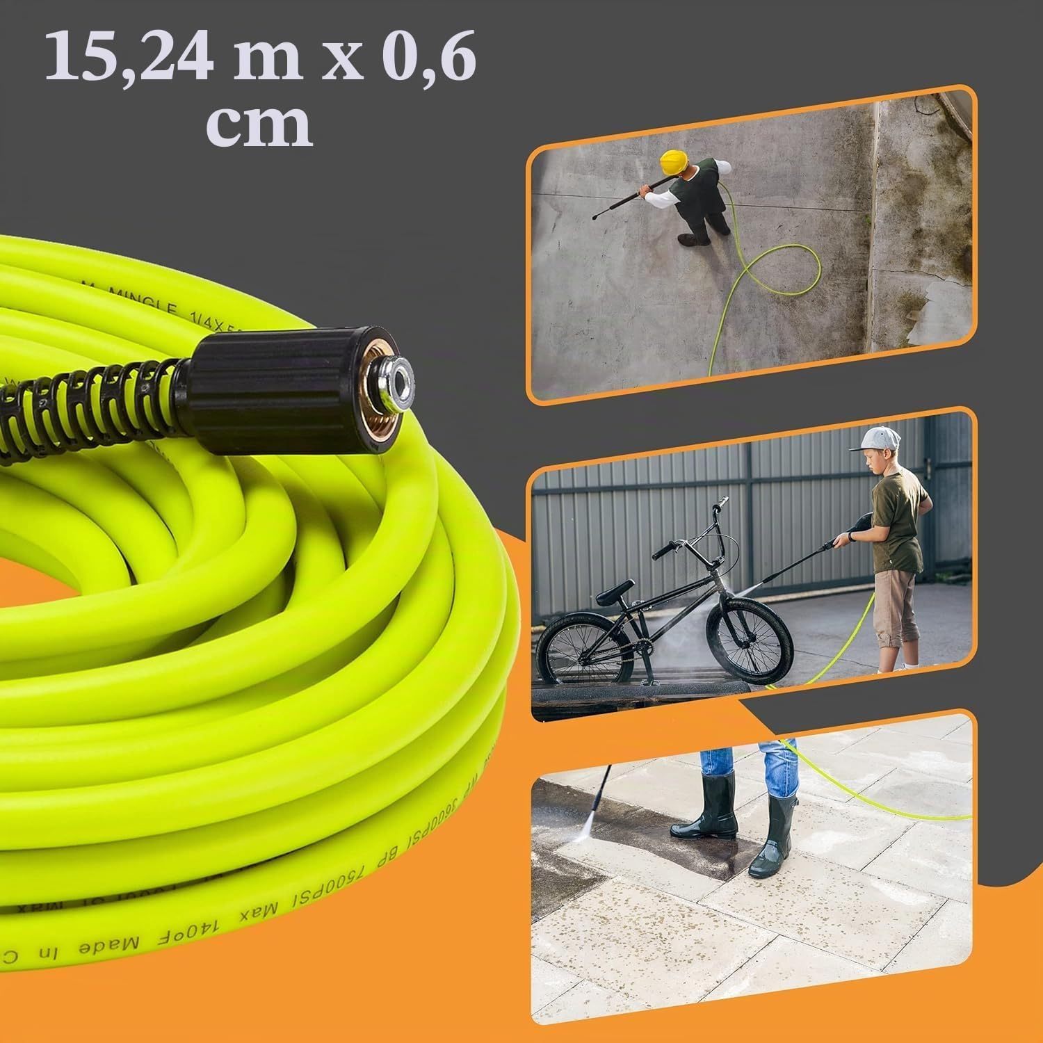 M MINGLE Tuyau de Nettoyeur Haute Pression 15 m x 1/4" (6.35 mm) - Flexible de Remplacement avec Kits de Connexion Rapide - Raccords M22 14 mm - 250 Bar