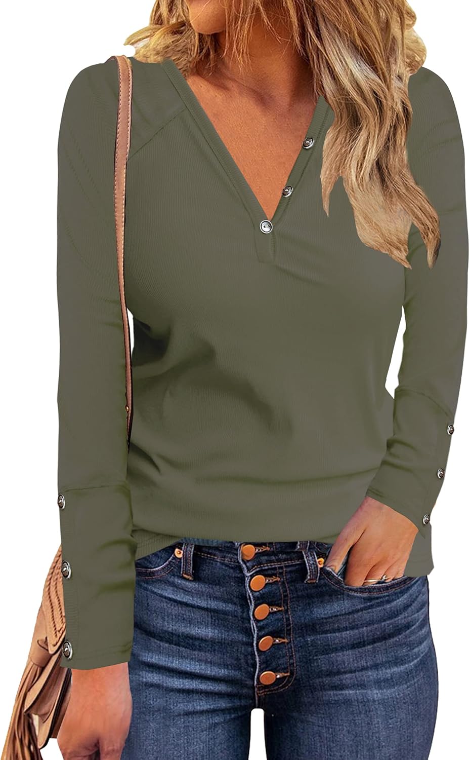 Women's Long Sleeve Solid Color Henley Tops Shirts Pullover with Buttons Down Casual Loose Fit V-Neck Tunics Large Green