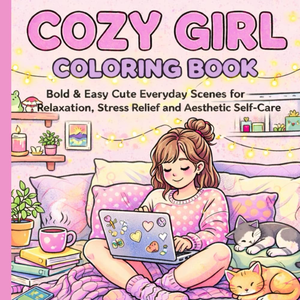 Cozy Girl Coloring Book: Bold and Easy Cute Everyday Scenes for Relaxation, Stress Relief and Aesthetic Self-Care
