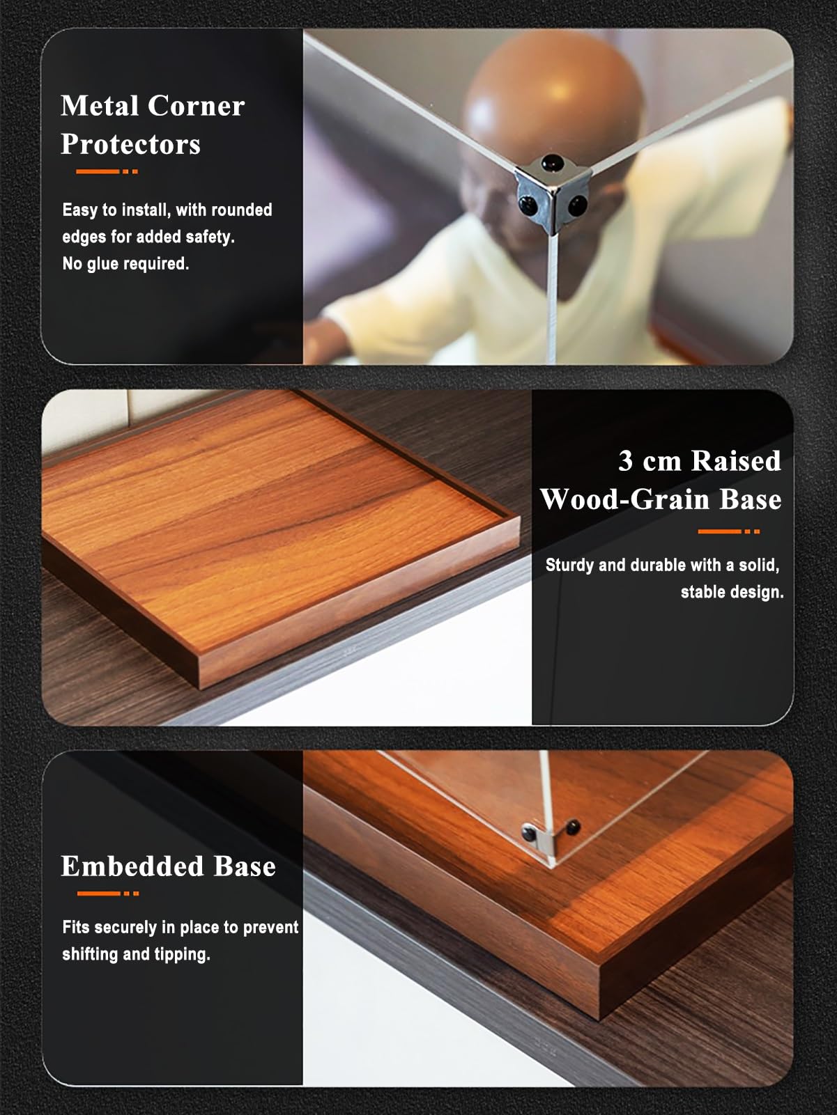 Vitrina Expositora Vitrina de Acrílico con Esquinas Metálicas y Base de Madera, Caja Expositora Transparente Antipolvo para Coleccionables, Recuerdos(40x15x15cm/16x6x6in)