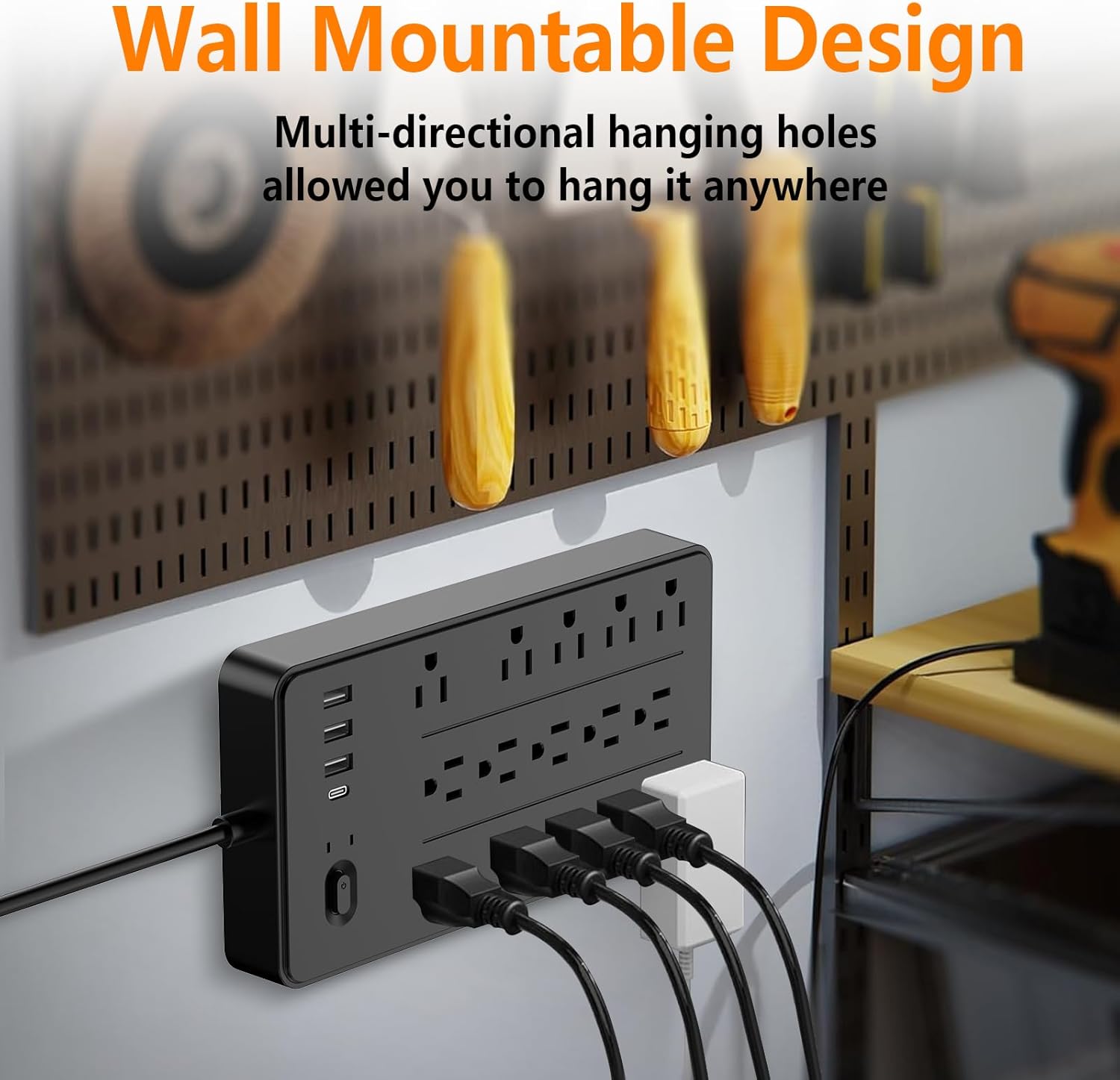 5 FT Flat Plug Surge Protector Power Strip,15 Multiple AC Outlets with 4 USB Ports (1 USB C), 5 Feet Extension Cord, 1625W/13A, One Touch Switch Button, 19 in 1 Compact Power Strip