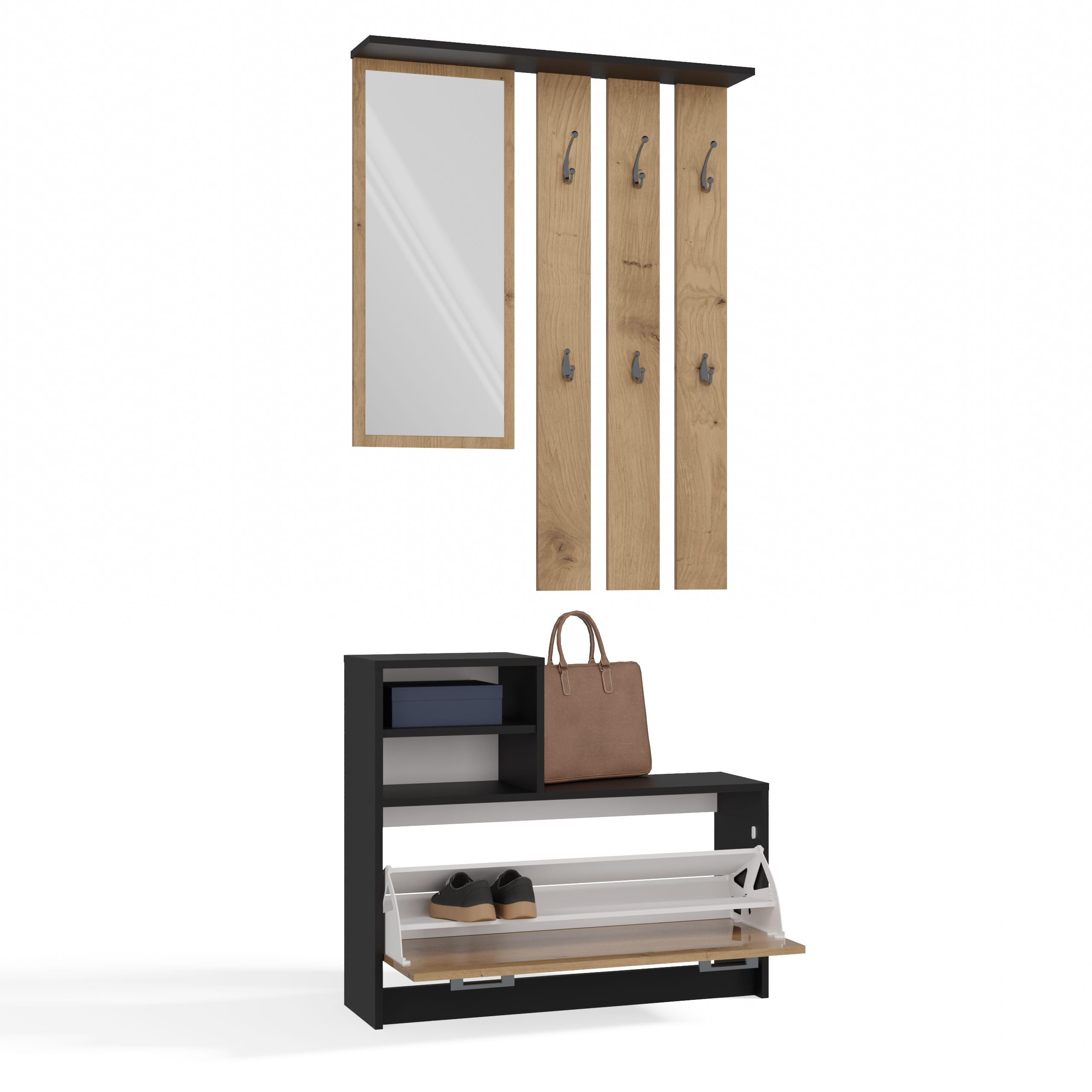 CDF Ensemble Meubles Entrée Complet Vestiaire Miroir Porte-Manteaux Mural 6 Crochets Armoire à Chaussures 9 Paires Rangement Couloir Moderne Compact Placard 85 x 24 x 180 cm Chêne Artisan Anthracite