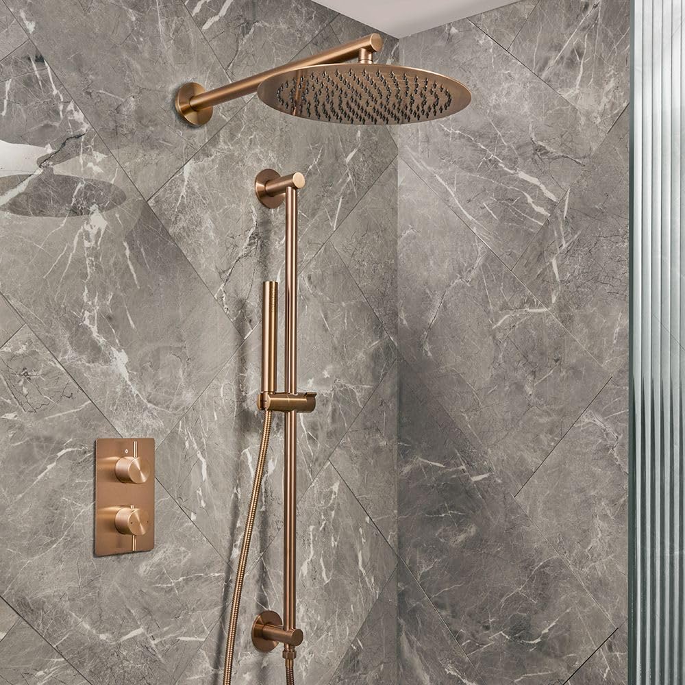 Milano Otto Thermostatic Mixer Valve 300mm Shower Head Handset Riser Rail - Brushed Copper