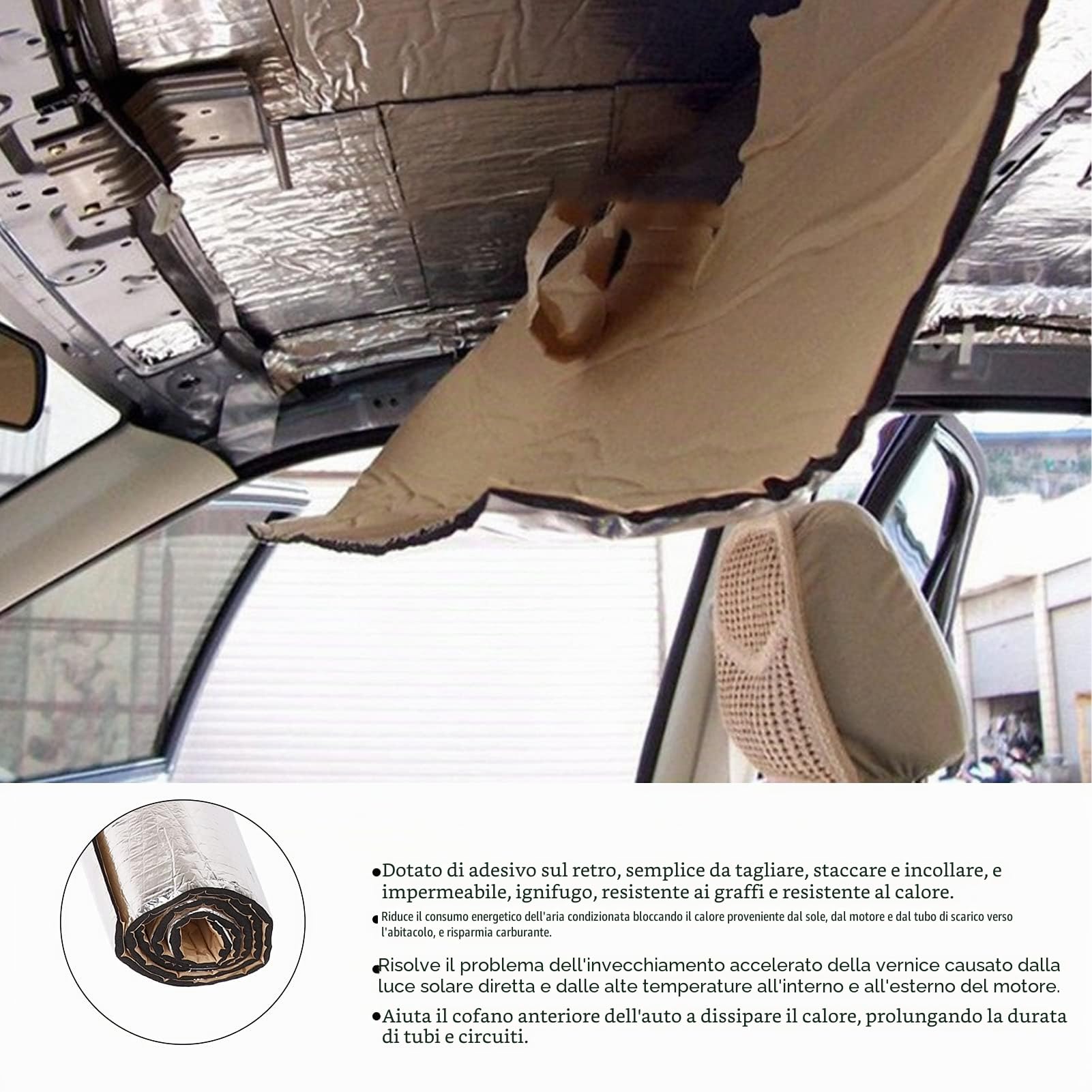 Fydun Tappetino Fonoassorbente, Isolamento Termico Auto 200x50cm, Schiuma Fonoassorbente 10mm Spessore, Riduzione Rumore Motore, Uso Universale per Coibentazione Cappuccio, Porte, Pavimento, Trunk | Alluminio e gomma cotone, per cofano porte e bagagliaio,