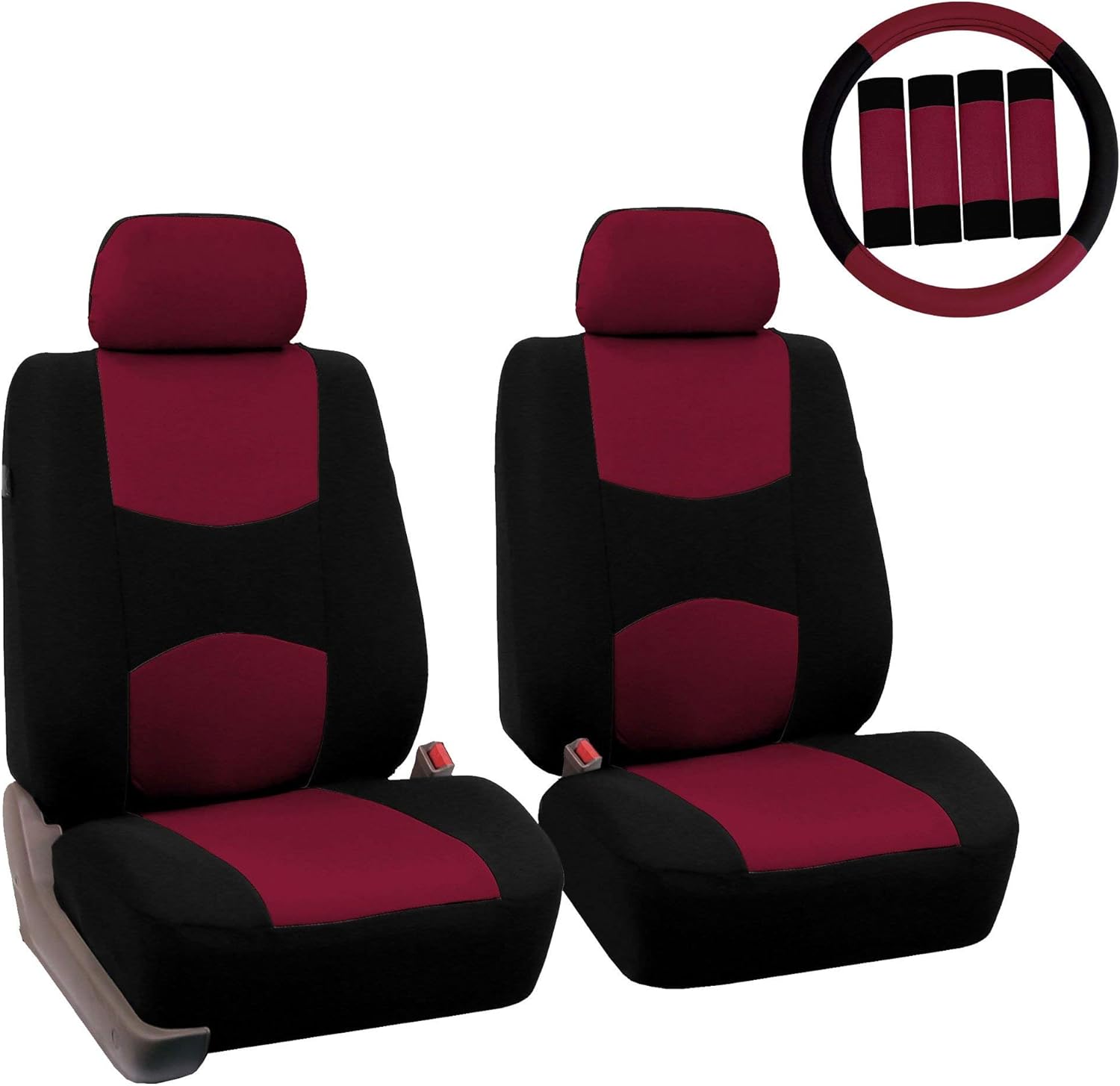 FH Group Car Seat Covers Flat Cloth Front Seats Only Burgundy Automotive Seat Cover, Airbag Compatible Universal Fit Interior Accessories Cars Trucks SUV Combo Steering Wheel Cover & Seat Belt Pads