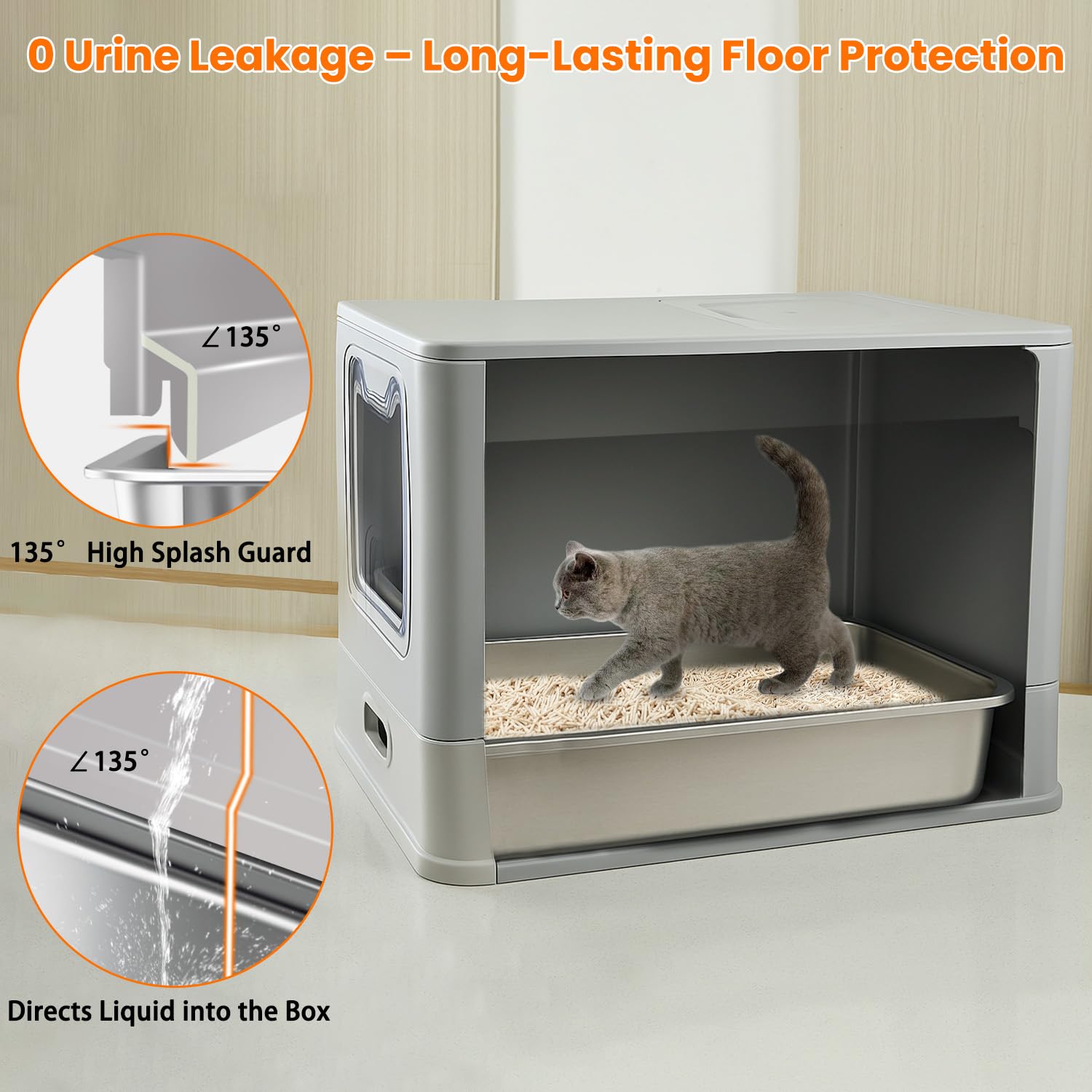 Katzenklo Edelstahl, mit Deckel und Schublade, Geschlossenes Katzentoilette XXL mit Katzenklo Matte ＆ Schaufel für große Katzen. Geruchsfrei, leichte Reinigung