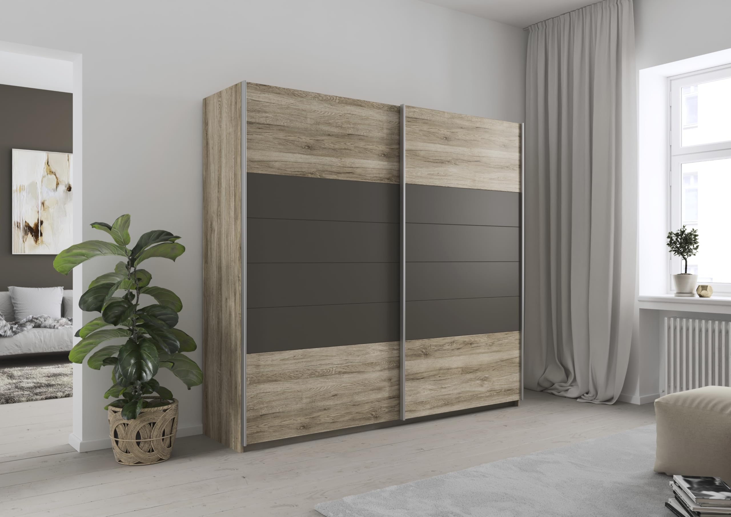 Rauch Möbel Barcelona - Camera da letto in rovere Sanremo chiaro/grigio lava, composto da letto con superficie di appoggio 160 x 200 cm, con 2 comodini e armadietto con ante sospese, 226 x 210 x 62 cm
