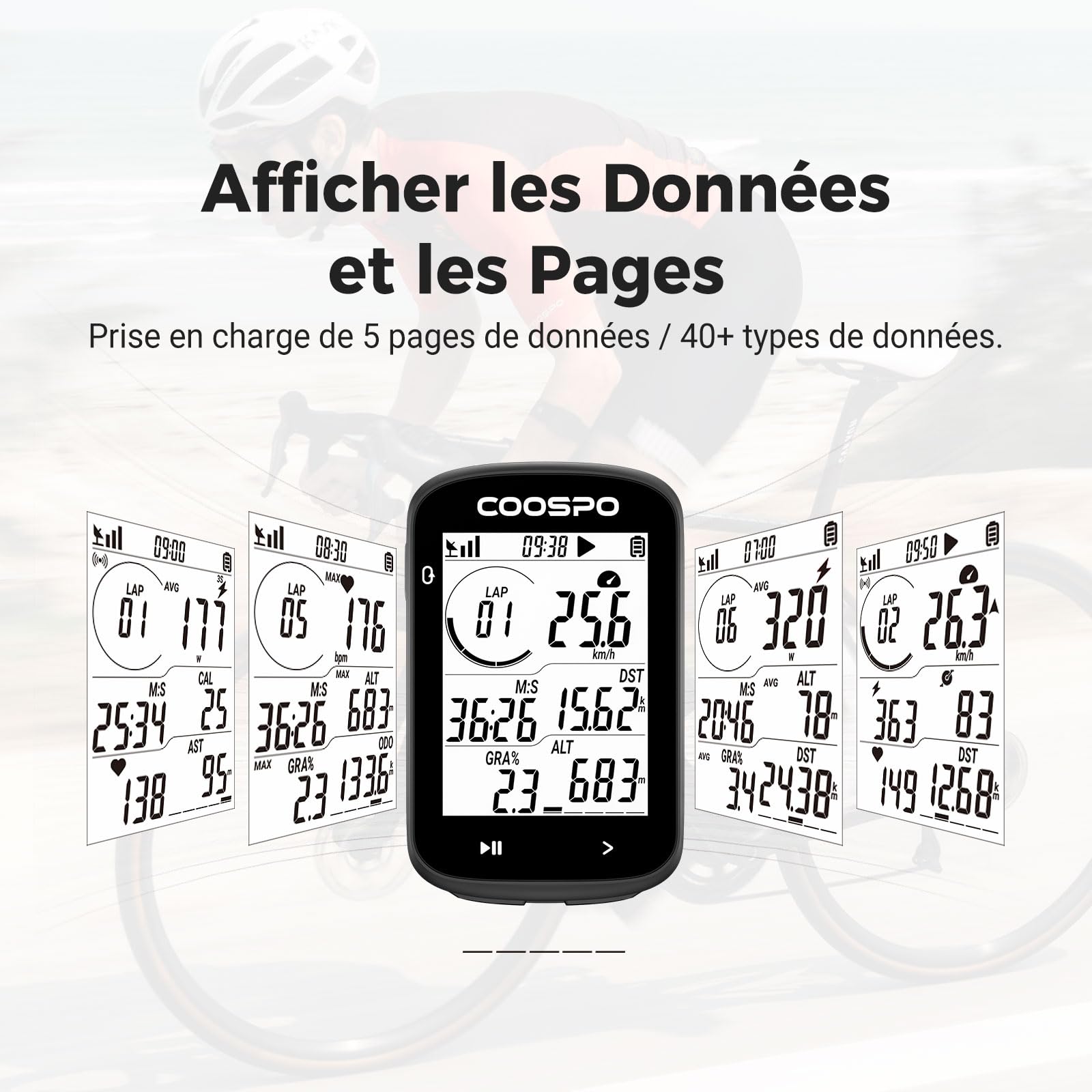 COOSPO CS300 GPS Compteur Velo sans Fil Rétroéclairé Automatique de 2,6'' Soutien, Ordinateur Velo GPS de 40h Autonomie de Batterie Écran Rechargeable étanche IPX7, Bluetooth5.0/ Ant+