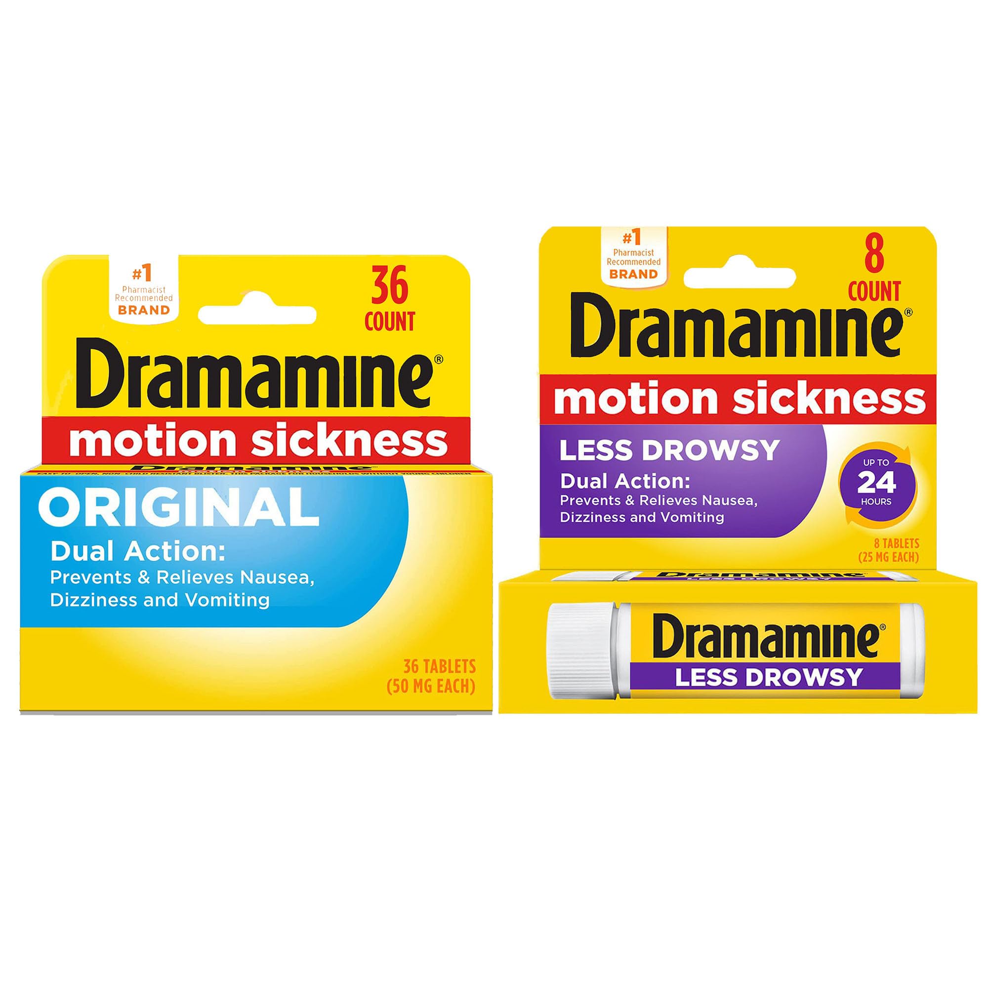 Dramamine Motion Sickness Variety Pack (1-All Day Less Drowsy 8 Count, 1- Original Formula 36 Count)