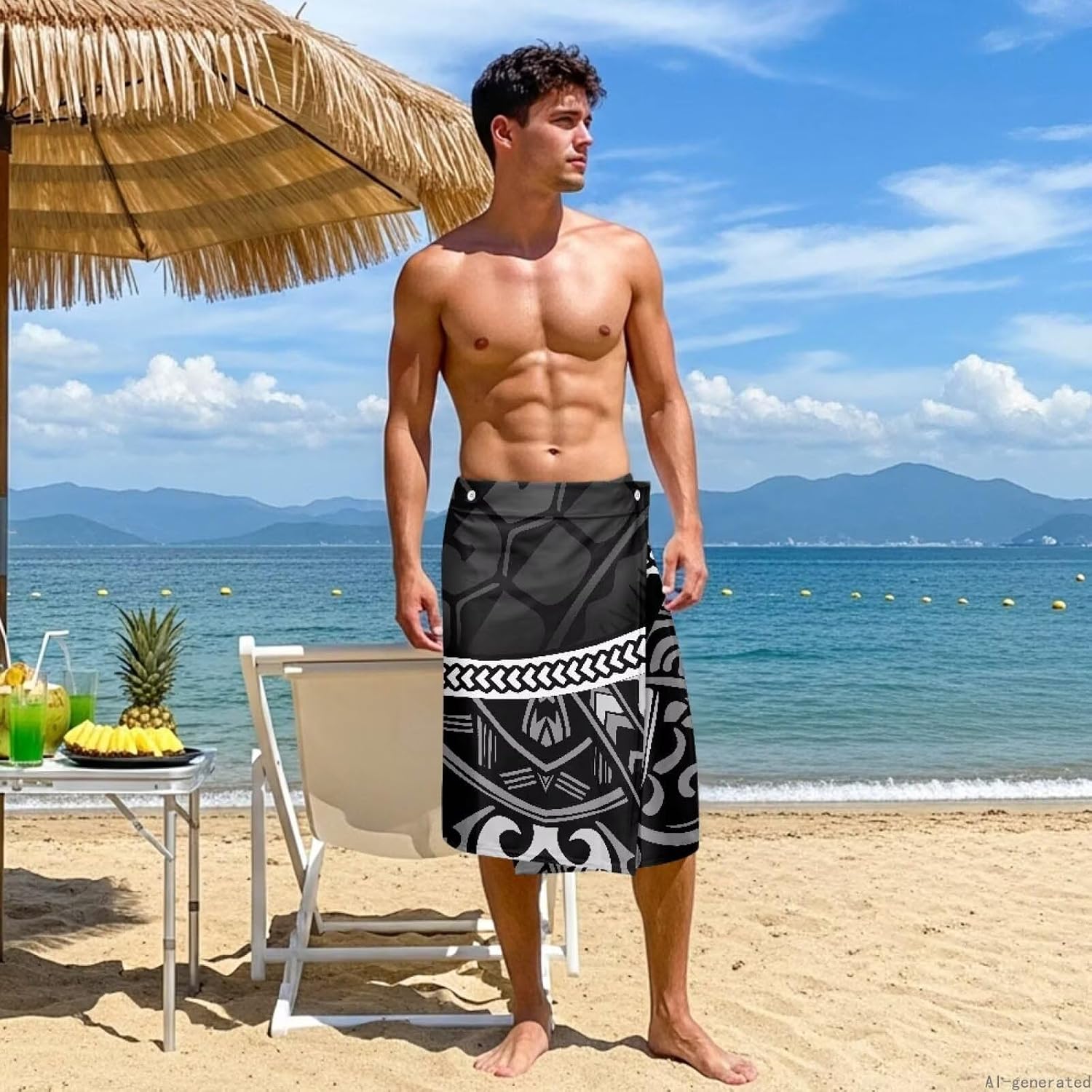 Men's Polynesian Pareo Hawaiian Wrap Skirt Tropical Beachwear Cover-Up Pacific Island Ethnic Print
