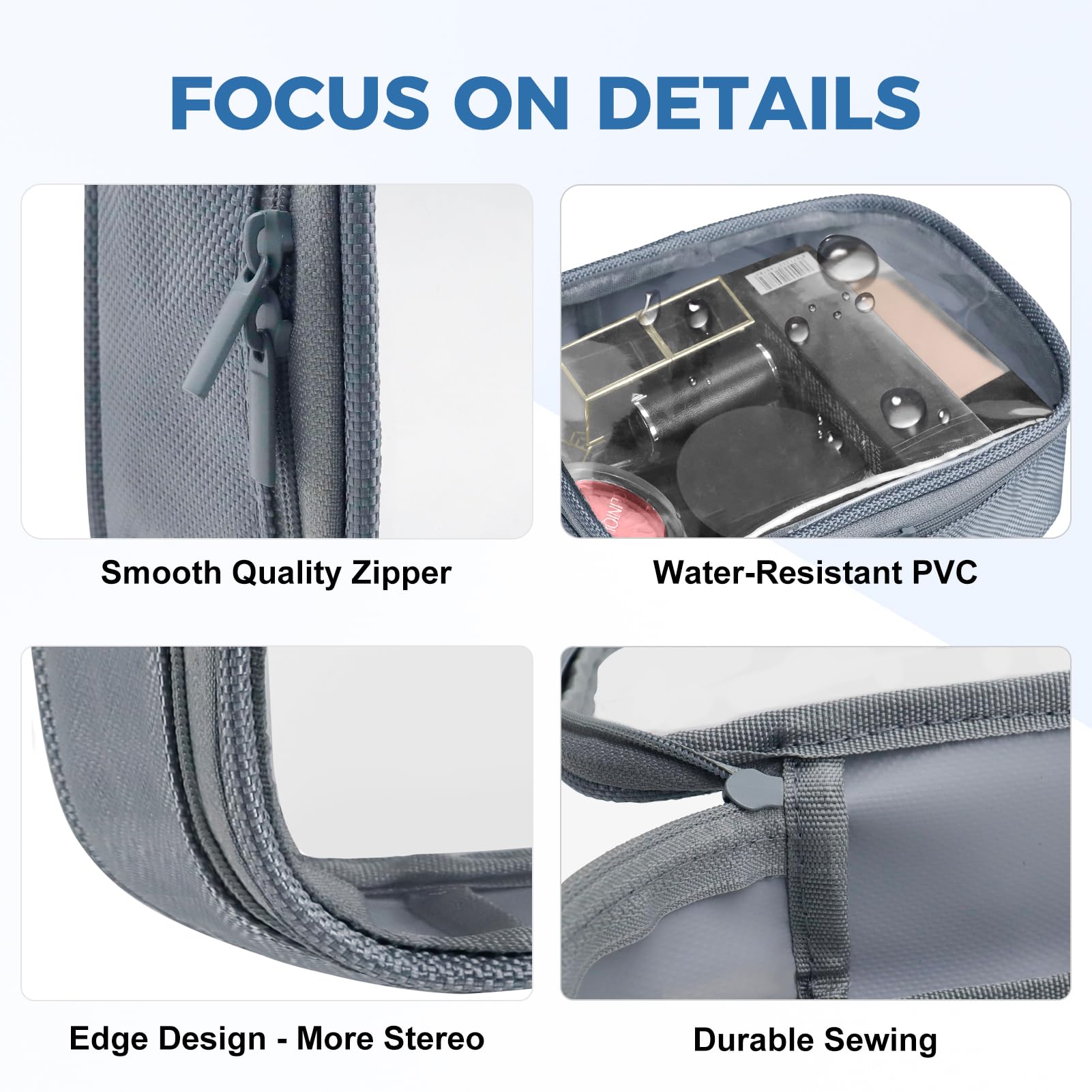 Moyad Set 3 Beauty Case da Viaggio TSA Trousse Trucchi Trasparente Grigio S | TSA approved, beauty case trasparente impermeabile, borsa toilette viaggio, organizer cosmetici, regalo per donna uomo