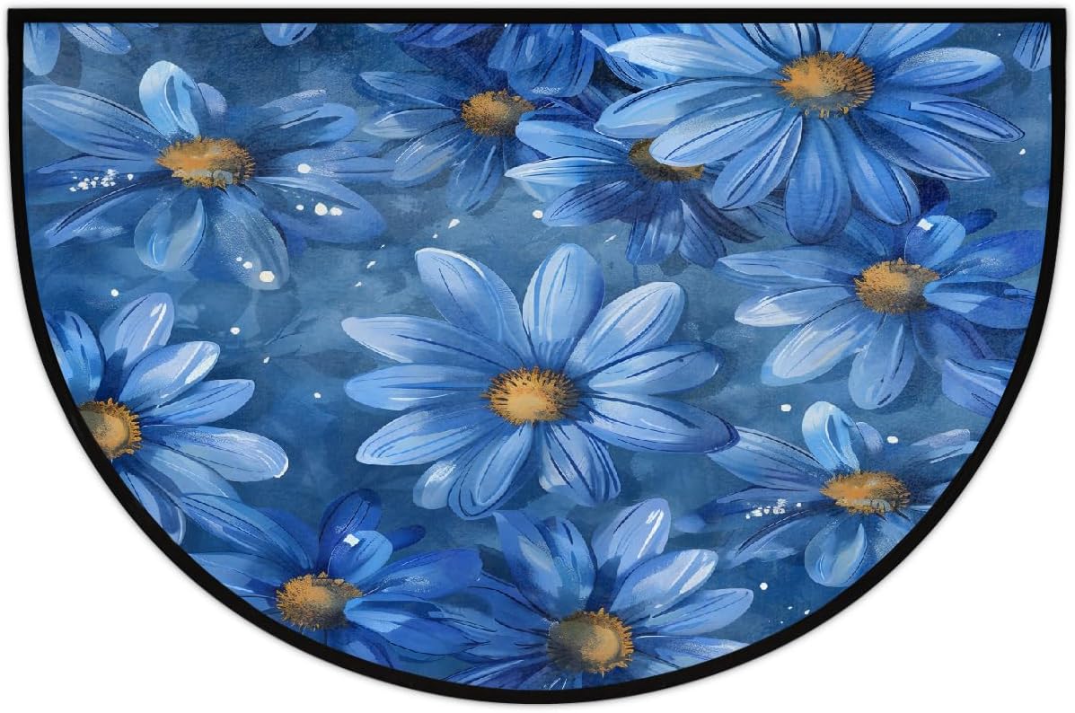 Half Round Door Mat Blue Daisy Flower Half Moon Rug Washable Half Circle Area Rugs Indoor Entrance Non Slip Semi Circle Bathroom Rugs Floor Carpet for Kithen Bedroom Fireplace Decor