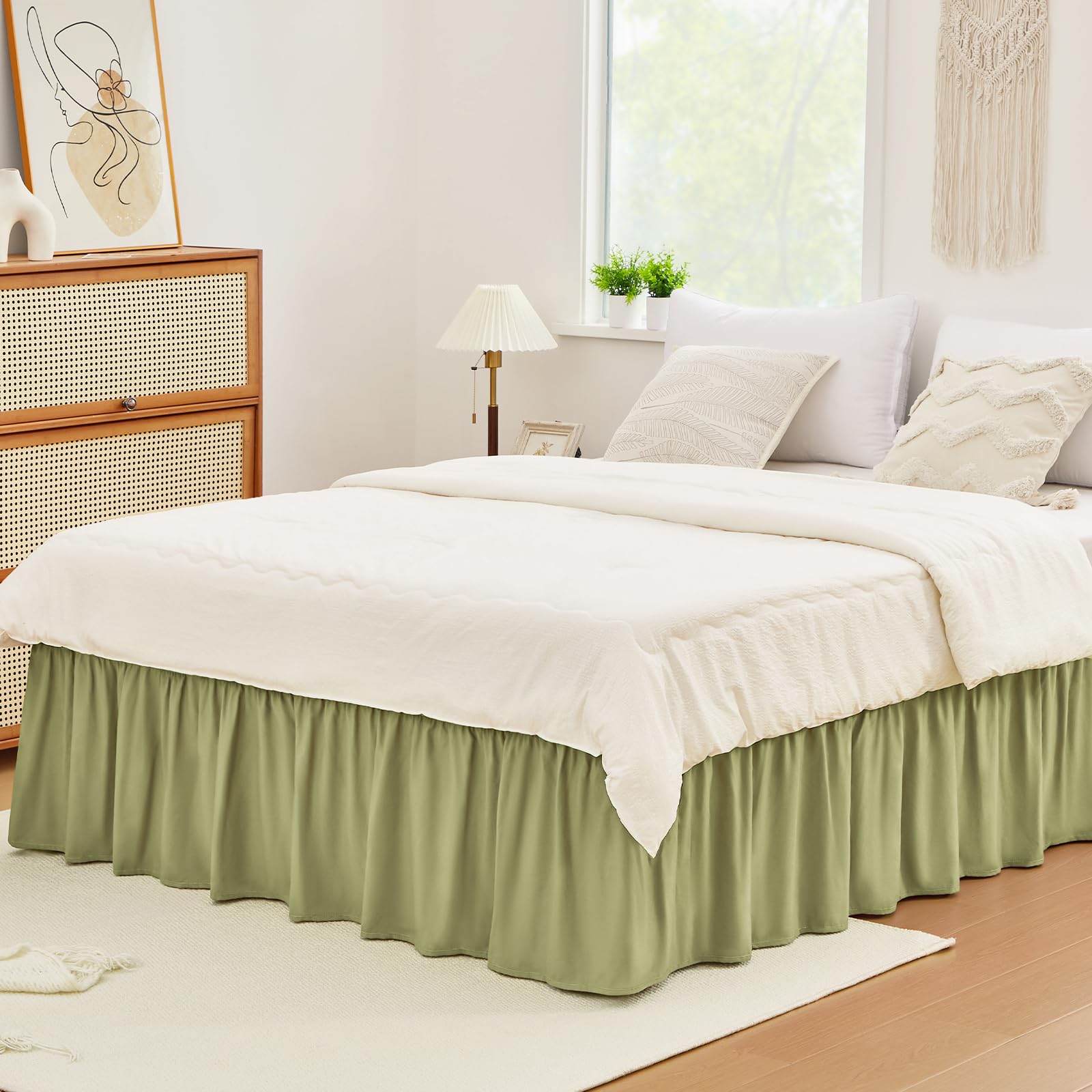 Vocander Valance Sheet Double Size Dust Green, Bed Skirt Pleated Wrap Around 135 x 190 cm for Double Beds Frame & Platform, Easy to Install Machine Washable