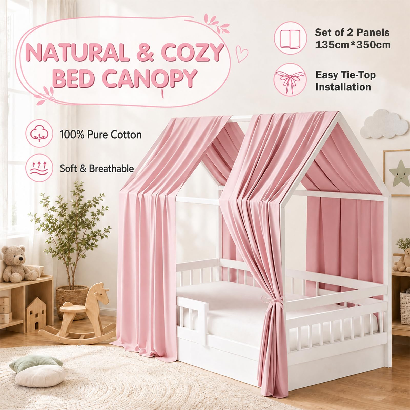 Dosel para cama de casa, 2 piezas, muselina para camas de casa para niñas y niños, cortina de cama con dosel, cortinas para cama infantil, decoración de habitación infantil (rosa, 135 x 350 cm
