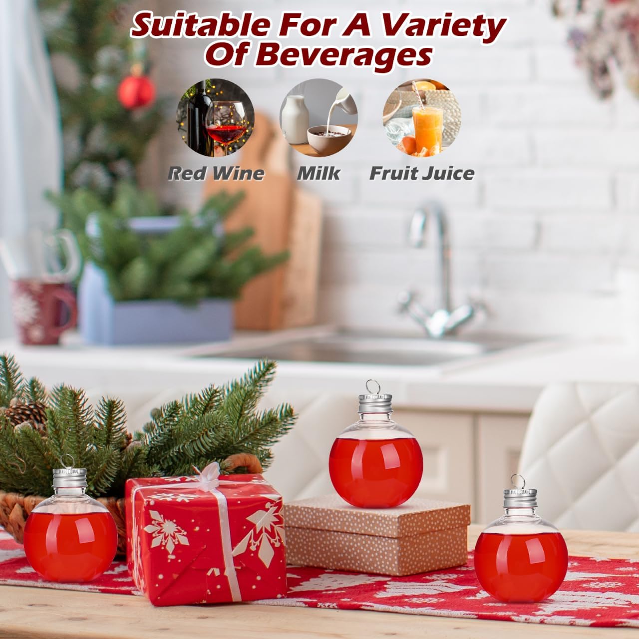Amosfun 10pcs Christmas Booze Balls 150ml Fillable Drink Ball Bottle Tree Hanging Ornaments Transparent Milk Juice Bottles Candy Jar Xmas Tree Pendant