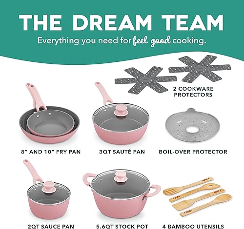 Miniatura 2 de DASH Dream Green - Juego de utensilios de cocina de cerámica antiadherente, 15 piezas, color rosa, aluminio reciclado y cerámica, juego de