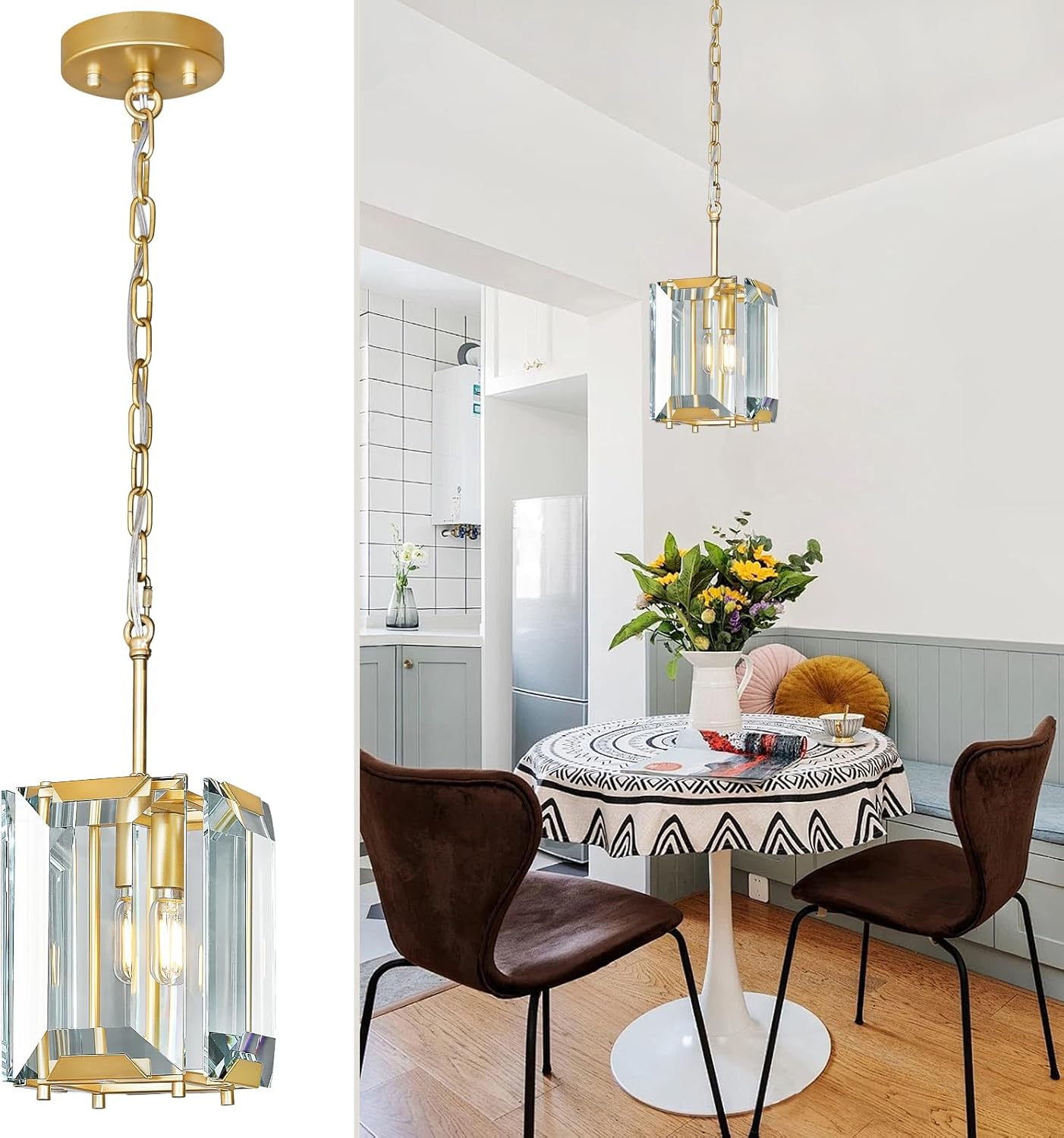 Gold Modern Crystal Chandeliers Rectangle Farmhouse Pendant Light Semi Flush Mount Ceiling Light Fixture for Bedroom Dining Room Kitchen Island Living Room Foyer Hallway(1-Light)