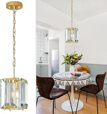 Gold Modern Crystal Chandeliers Rectangle Farmhouse Pendant Light Semi Flush Mount Ceiling Light Fixture for Bedroom Dining Room Kitchen Island Living Room Foyer Hallway1-Light
