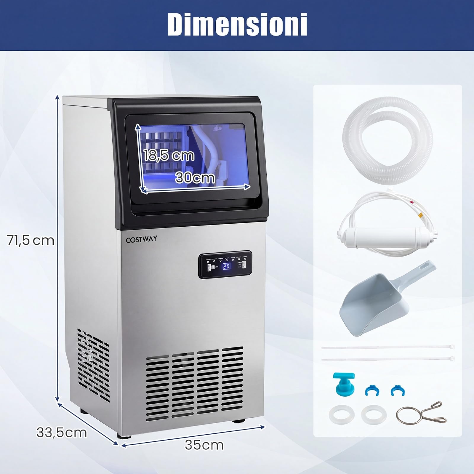 COSTWAY Macchina per Ghiaccio Commerciale 50kg/24h | Fabbricatore Ghiaccio con Autopulizia, Timer, 36 Cubetti in 13 Minuti, Ice Maker con Paletta per Bar Ristorante e Caffetteria