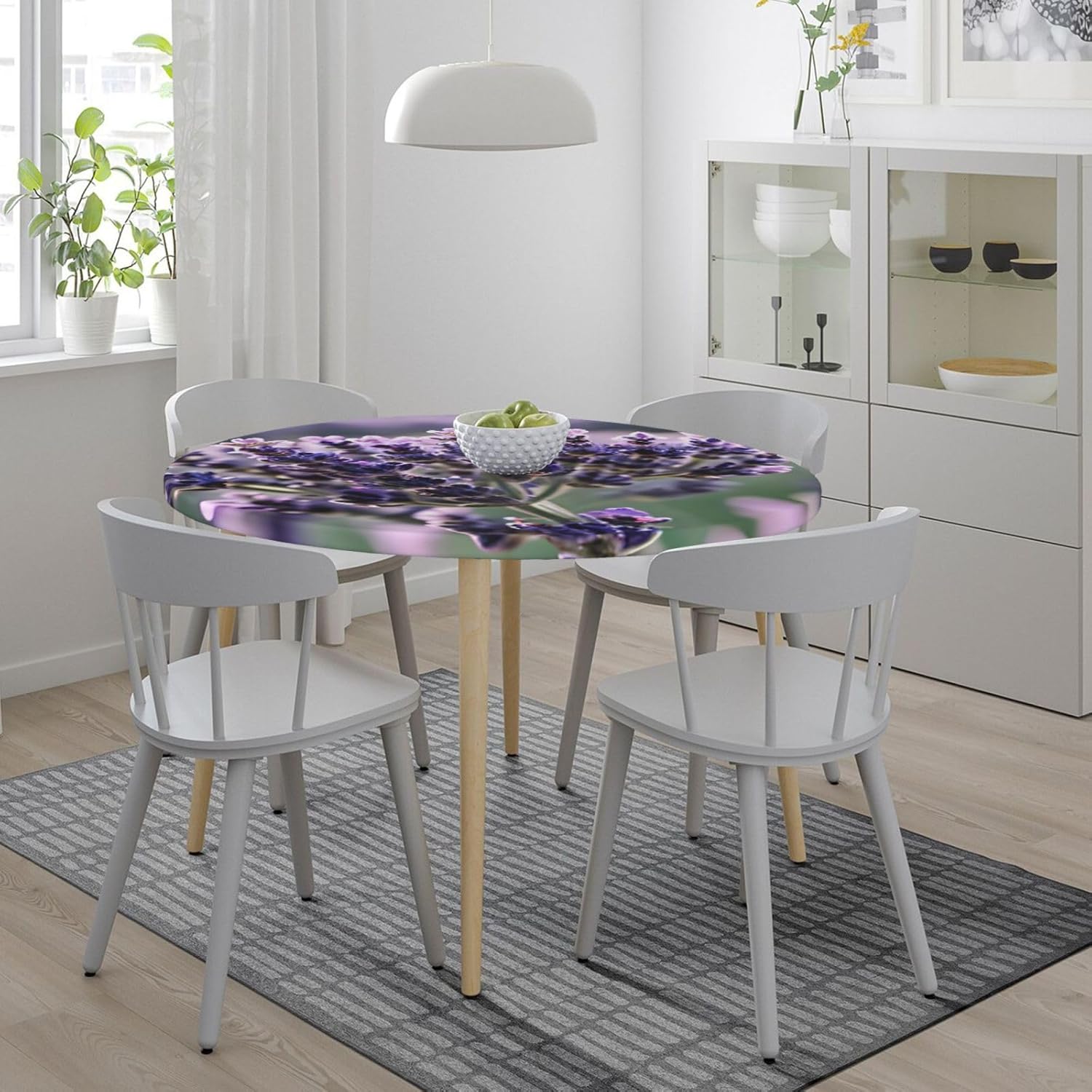 Lavender Flower Print Outdoor Patio Kitchen Decor Supplies Wipeable Round Table Cloth for Indoor Outdoor