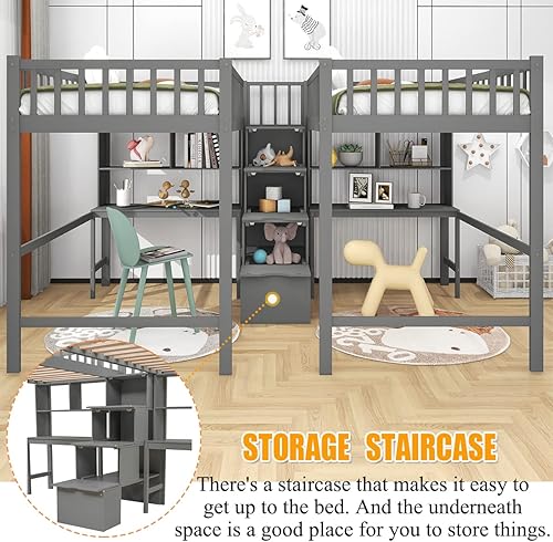 Miniatura 3 de MERITLINE Cama tipo loft de tamaño individual y individual con 2 escritorios y estantes cama doble de madera con escaleras y almacenamiento cama
