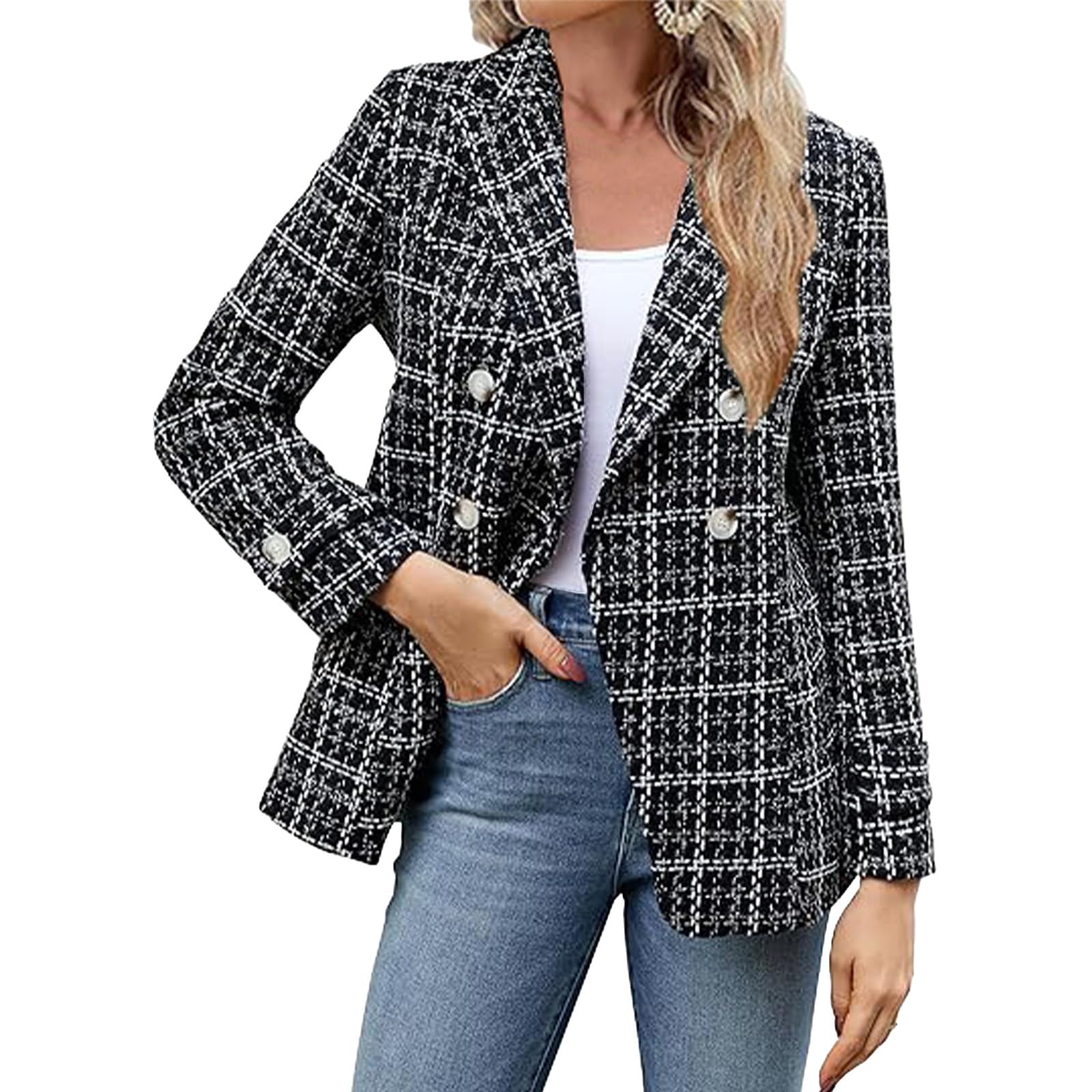 Womens Tweed Blazer Jackets Fall Winter Warm Fashion Casual Open Front Business Elegant Work Suit Top Pocket