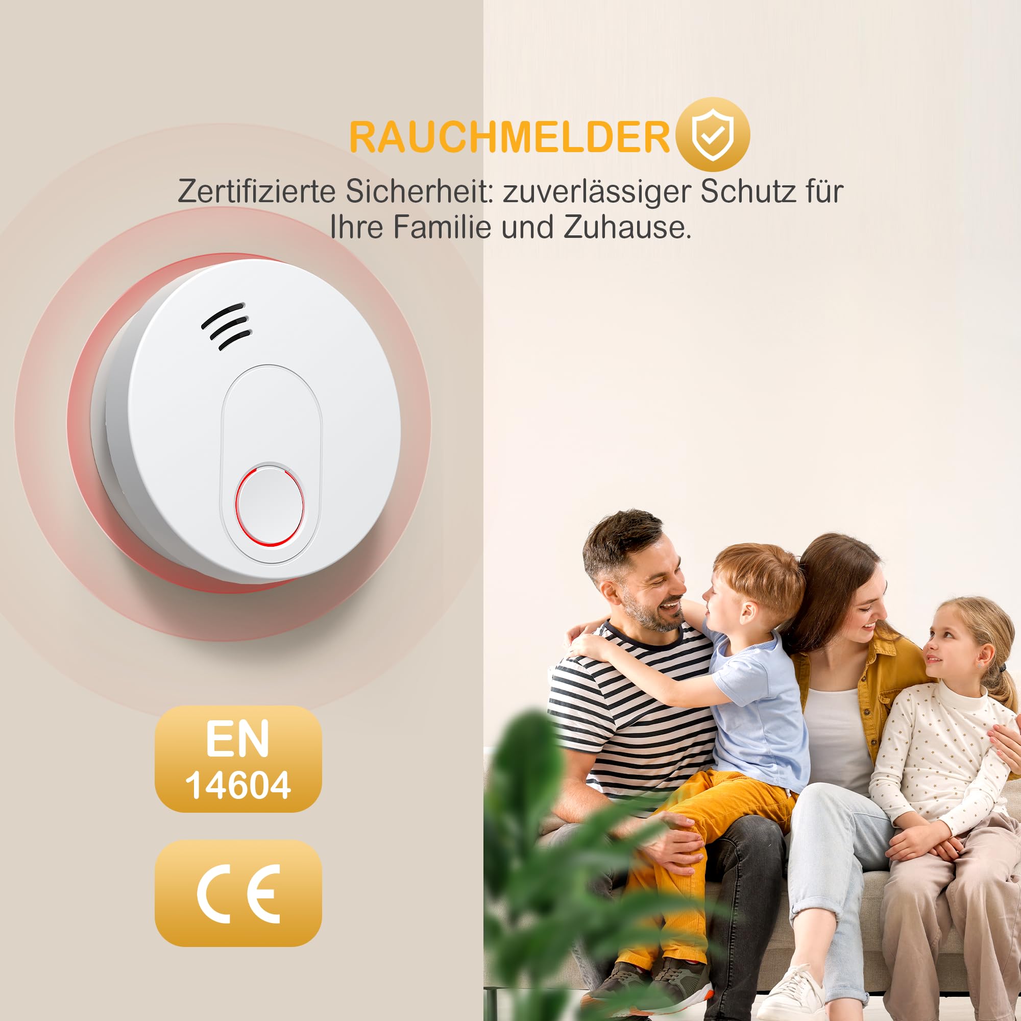 Rauchmelder mit Magnethalterung, 10 Jahres Langzeit Batterie Feueralarm mit Fotoelektrischem Sensor EN 14604 Stummschaltung Rauchwarnmelder, GS526