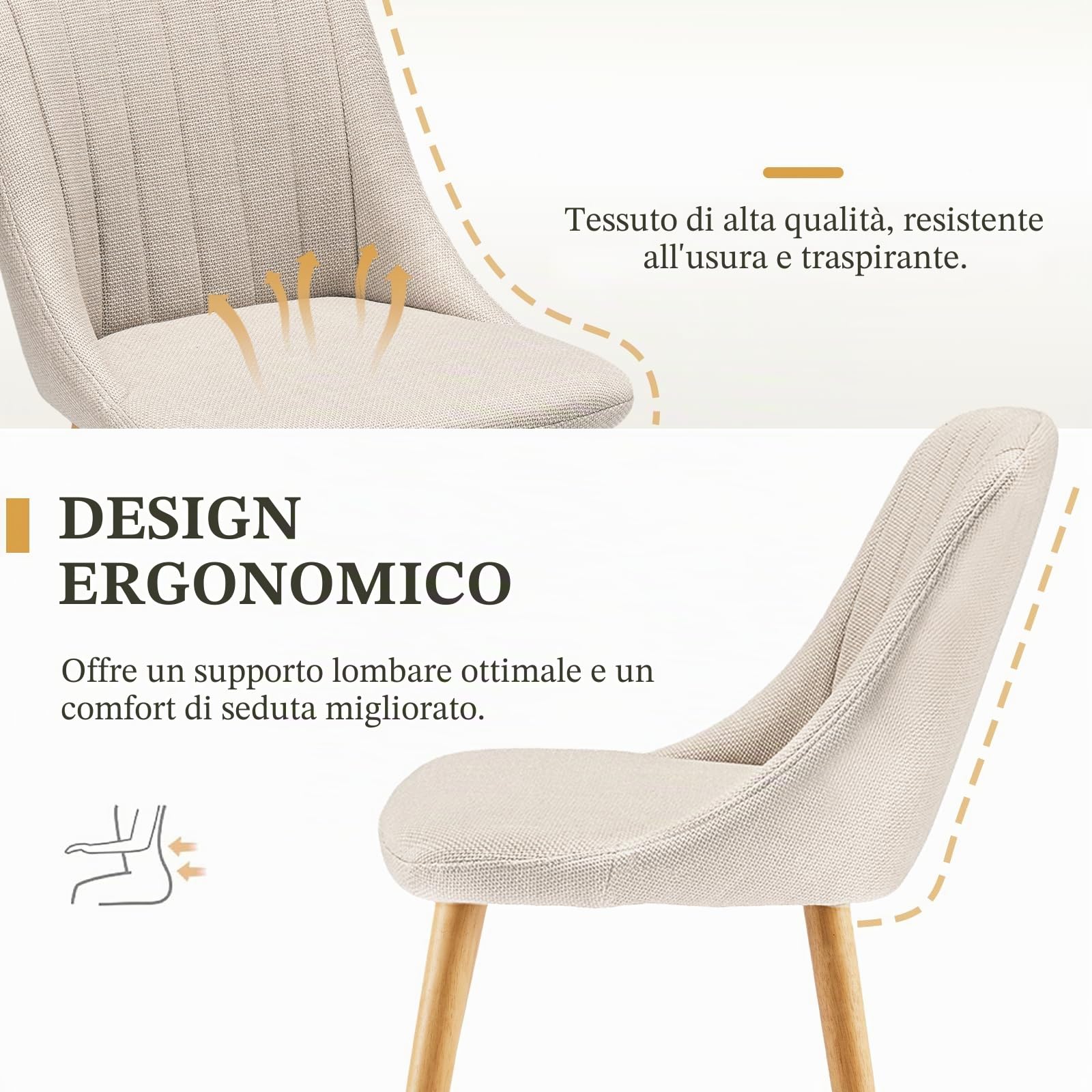 Sedie Sala da Pranzo Beige Sedie Cucina Set da 6 Imbottite Sedia da Soggiorno in Poliestere con Gambe e Schienale in Legno Massiccio