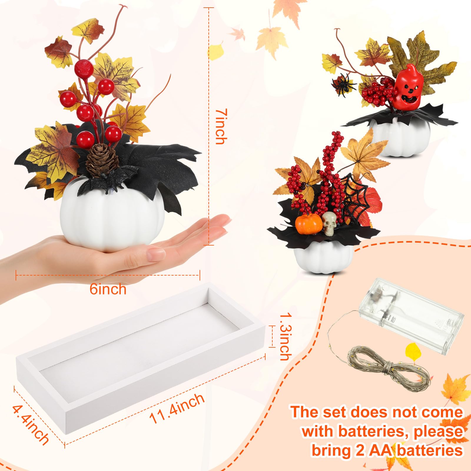 Yalikop Juego de 4 centros de mesa de calabaza de otoño con mini bandeja de madera y luz LED para cosecha, decoración del hogar, cocina, fiesta de Acción de Gracias, centro de mesa (blanco)