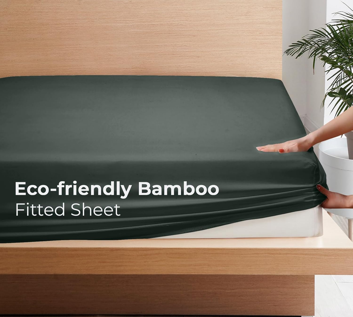 Royale Linens Rayon Derived Bamboo Viscose Fitted Sheet Only - Cooling Fitted Sheets for Bed - Deep Pocket Up to 16" - Organic Viscose Derived from Bamboo - Breathable Bottom Sheet (Grey, Queen)