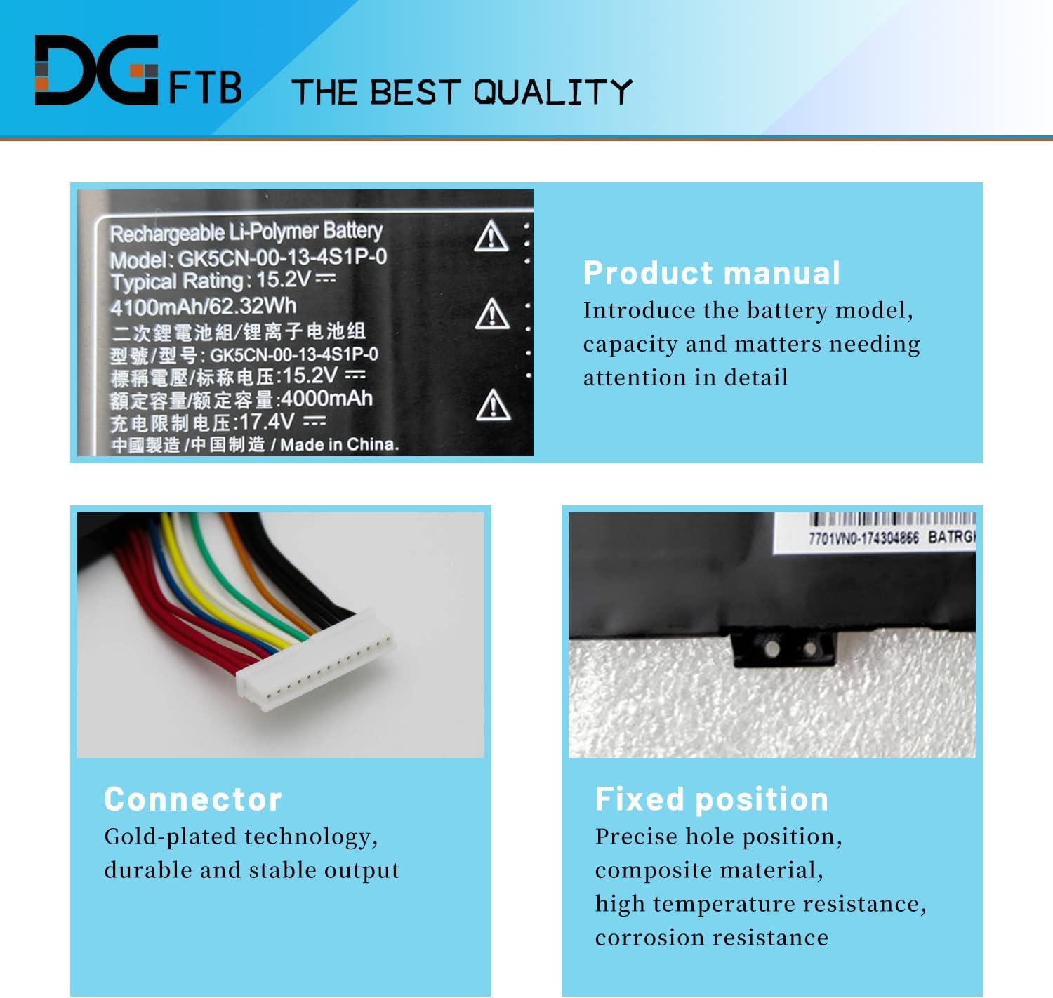 Close-up of DGFTB GK5CN-00-13-4S1P-0 laptop battery label showing model, voltage, capacité et avertissements de sécurité.