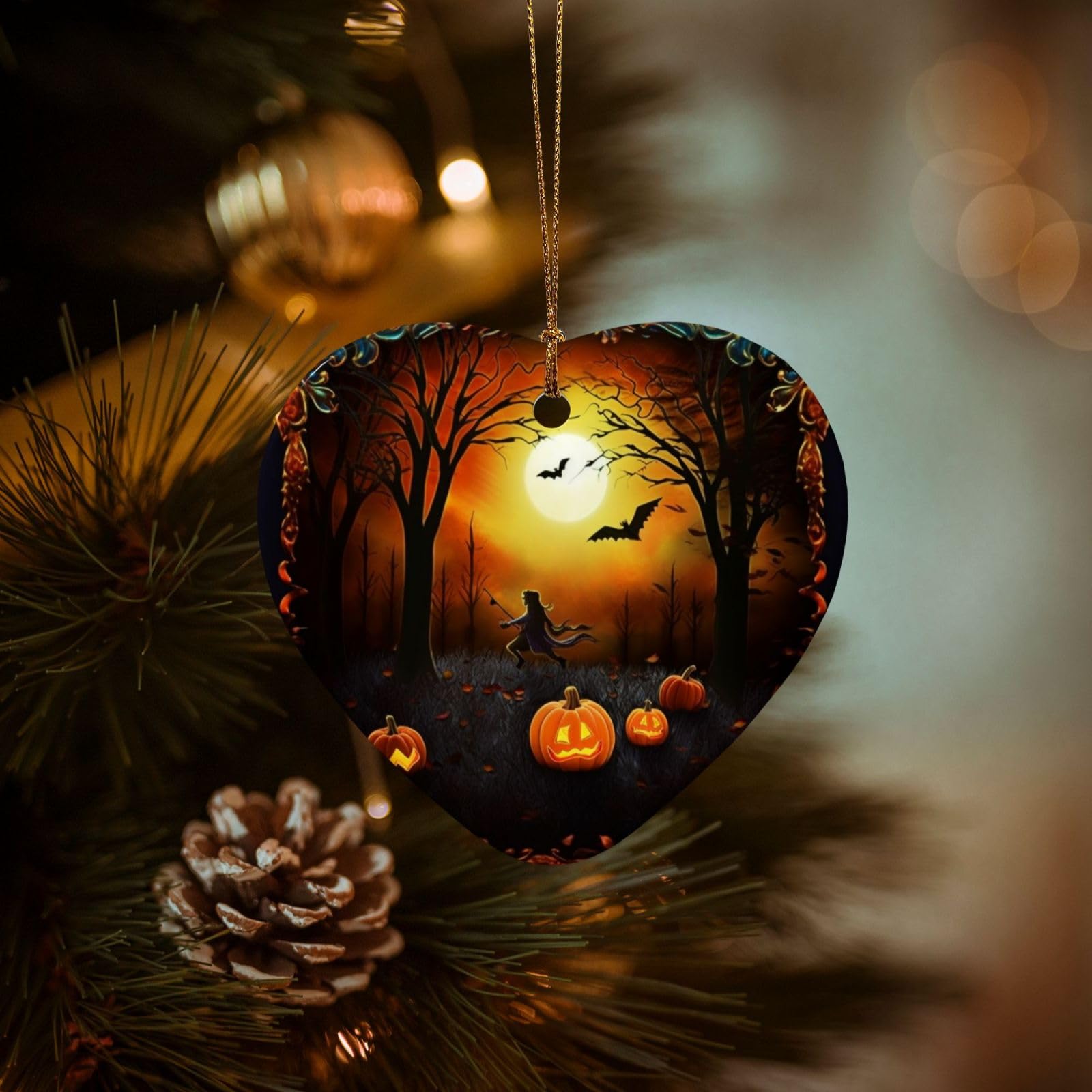 Christmas Tree Ornaments Ceramics Christmas Decorations Halloween Party Ornaments with Gold Ribbon Porcelain Xmas Tree Crafts Heart Shape Hanging Pendant for Christmas Tree Party Decor