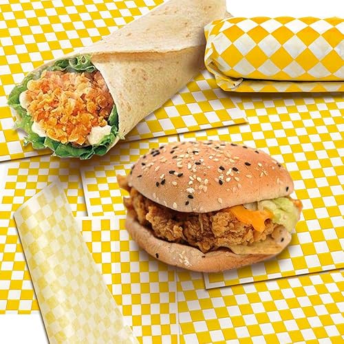 Miniatura 6 de 100 hojas de papel encerado seco a cuadros, forros de papel para canasta de alimentos de plástico, envolver pan y sándwiches (amarillo)